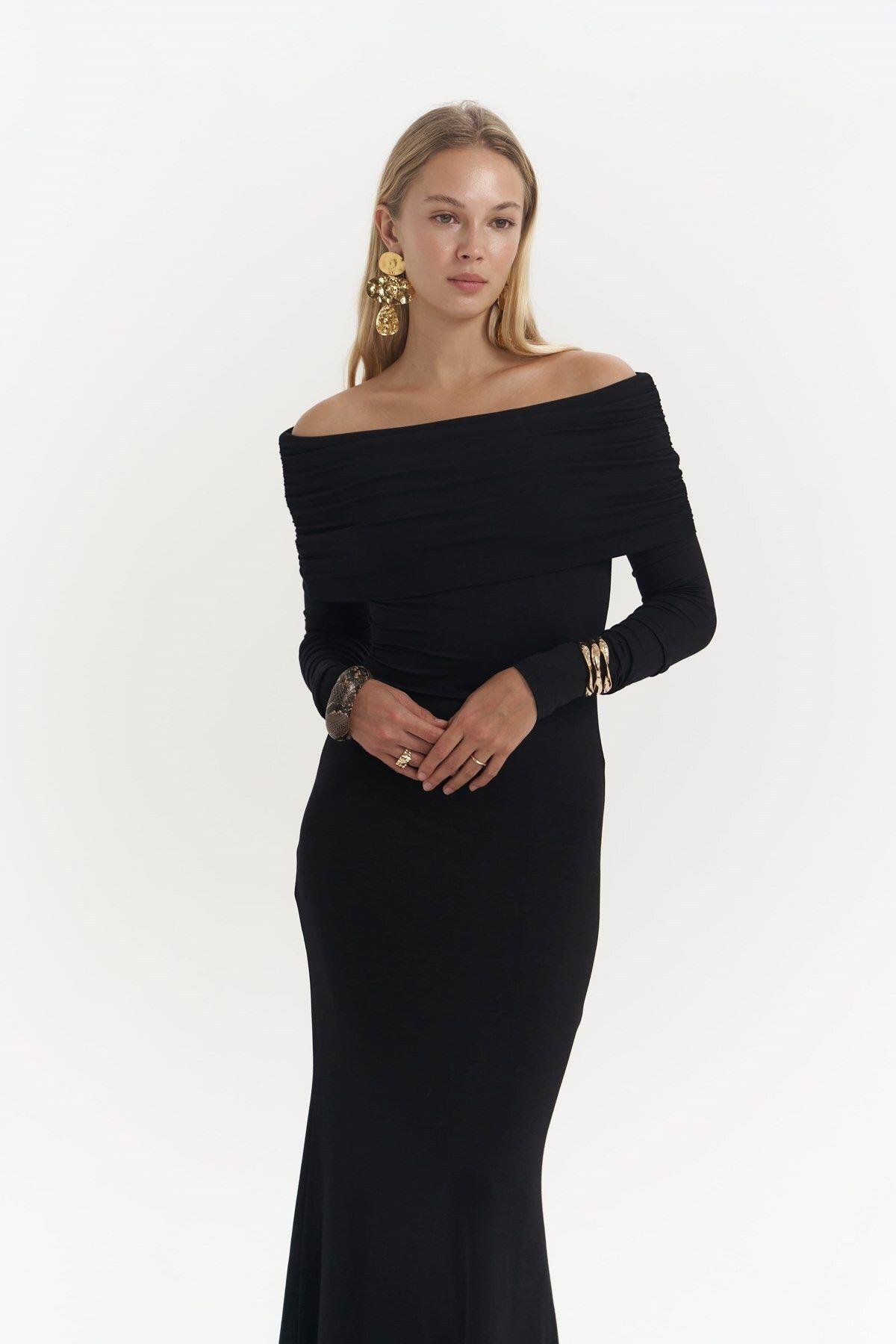 Afro Carmen Yaka Siyah Uzun Elbise