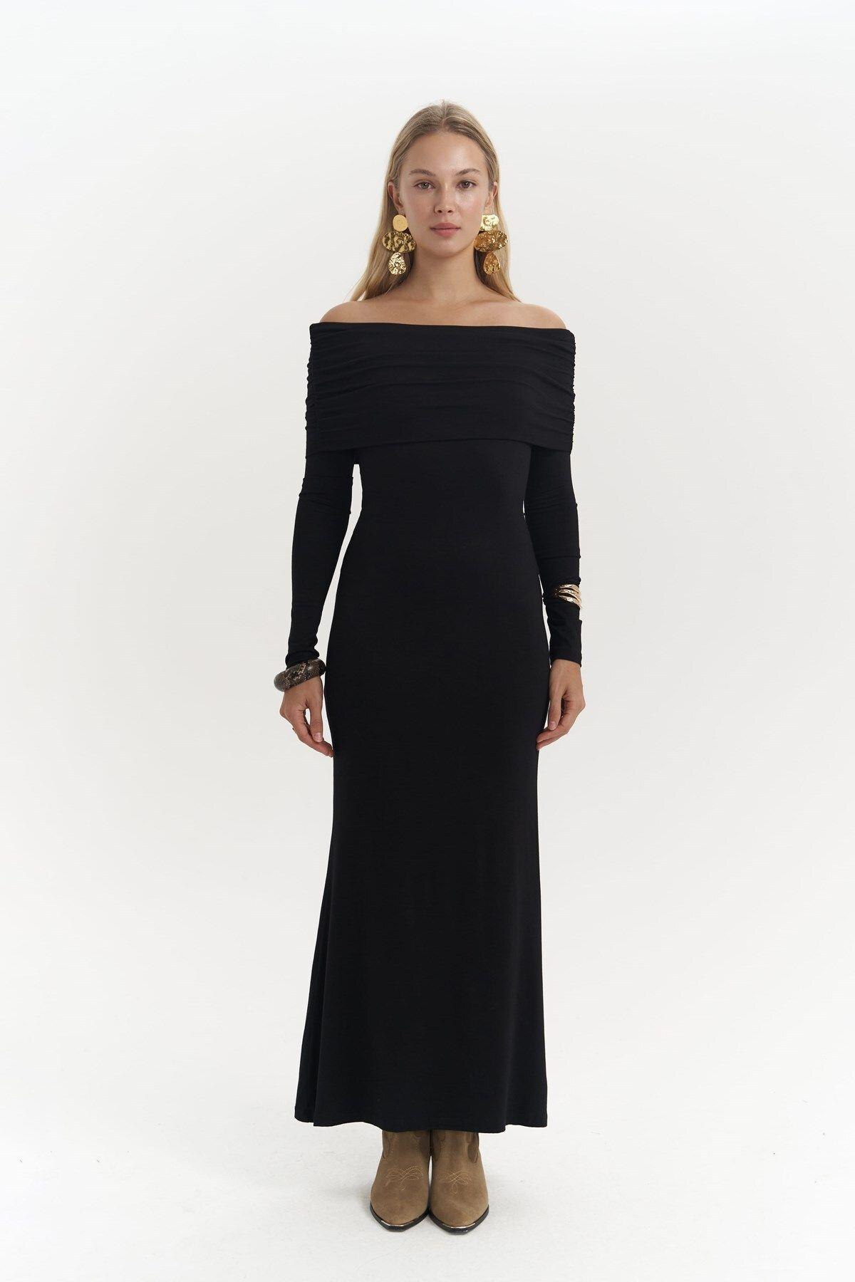 Afro Carmen Yaka Siyah Uzun Elbise