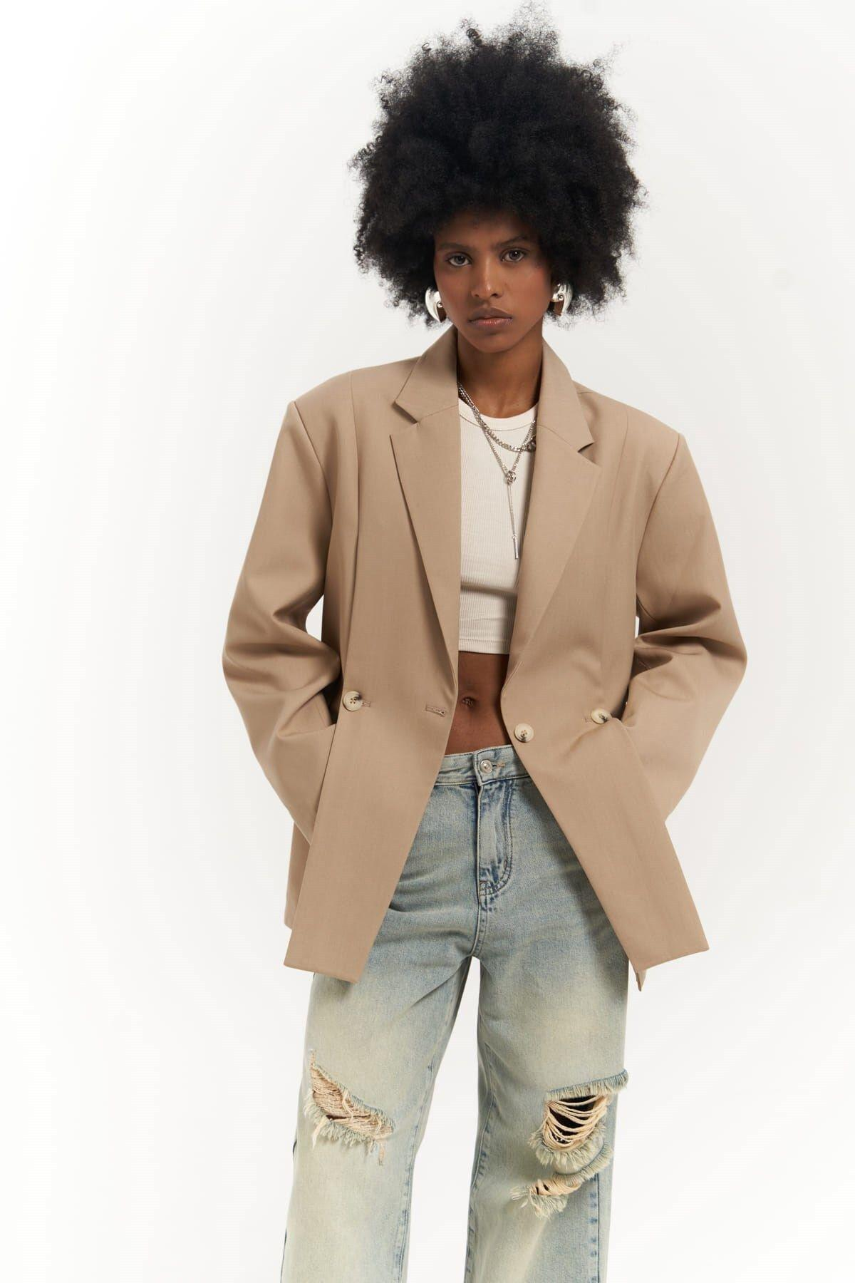 Ashley Yırtmaç Detaylı Koyu Bej Blazer