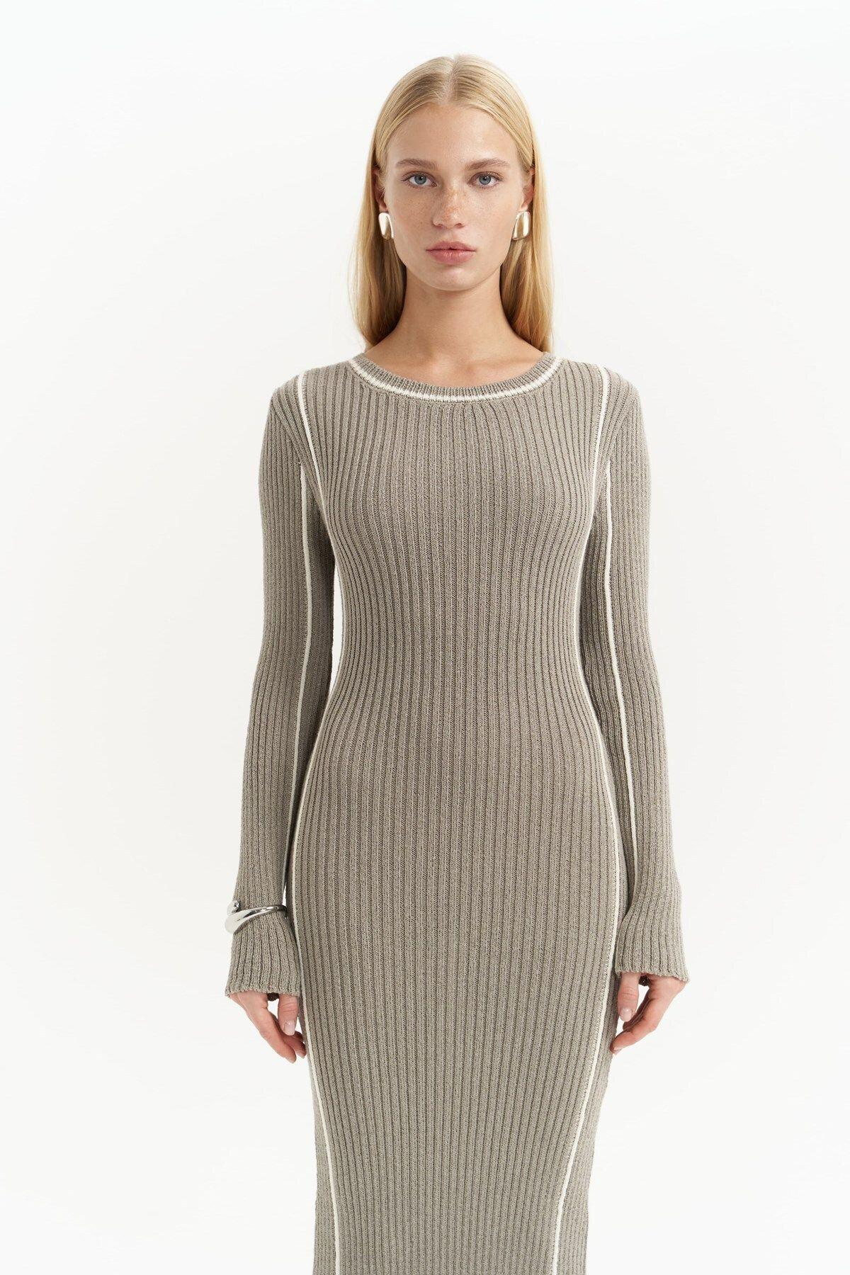 Aston Gray Knit Dress with Contrast Trims