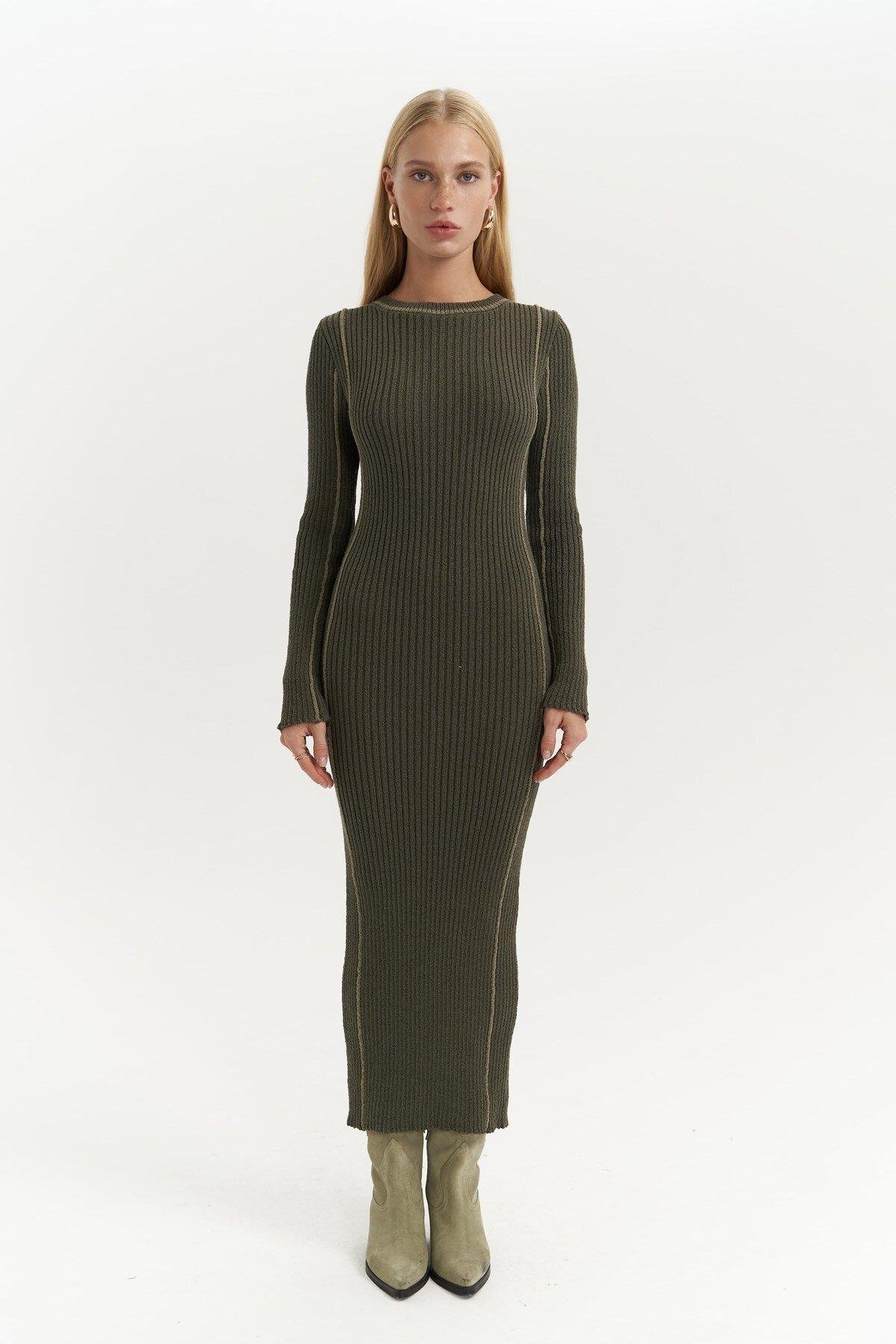 Aston Khaki Knit Dress with Contrast Trims