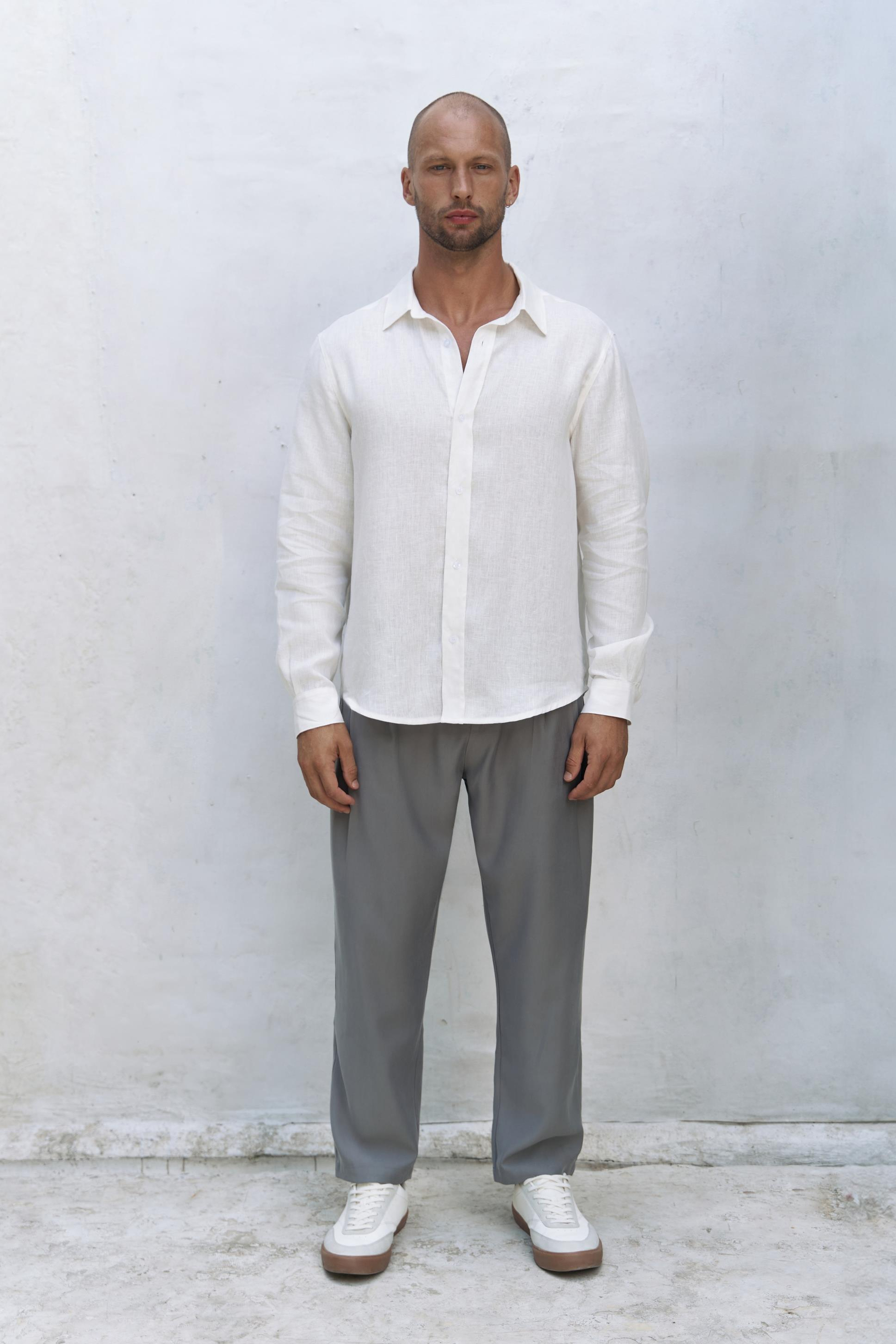 Bice Ekru Keten Oversize Erkek Gömlek