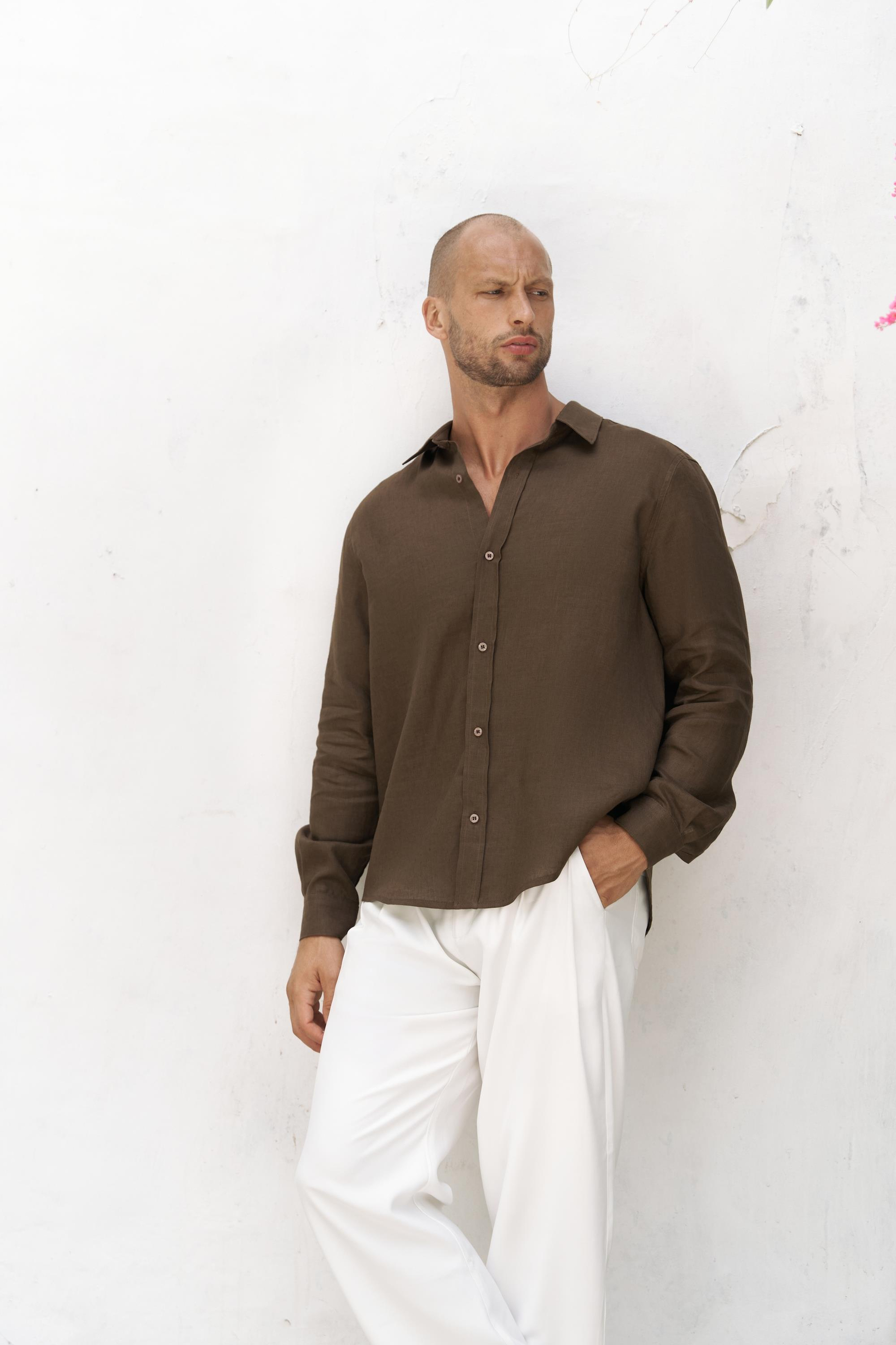Bice Kahve Keten Oversize Erkek Gömlek
