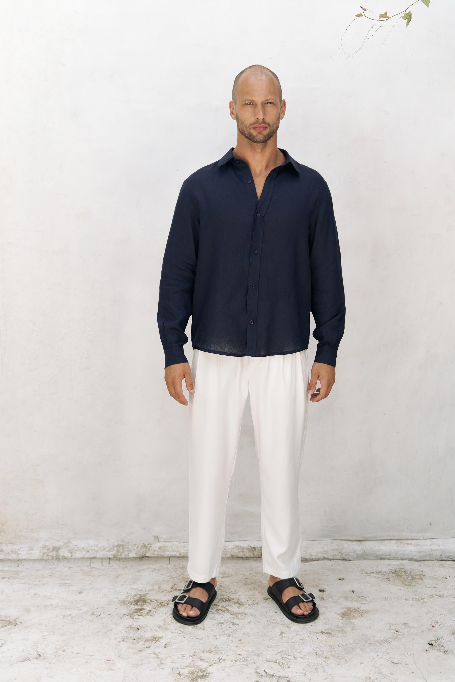 Bice Lacivert Keten Oversize Erkek Gömlek