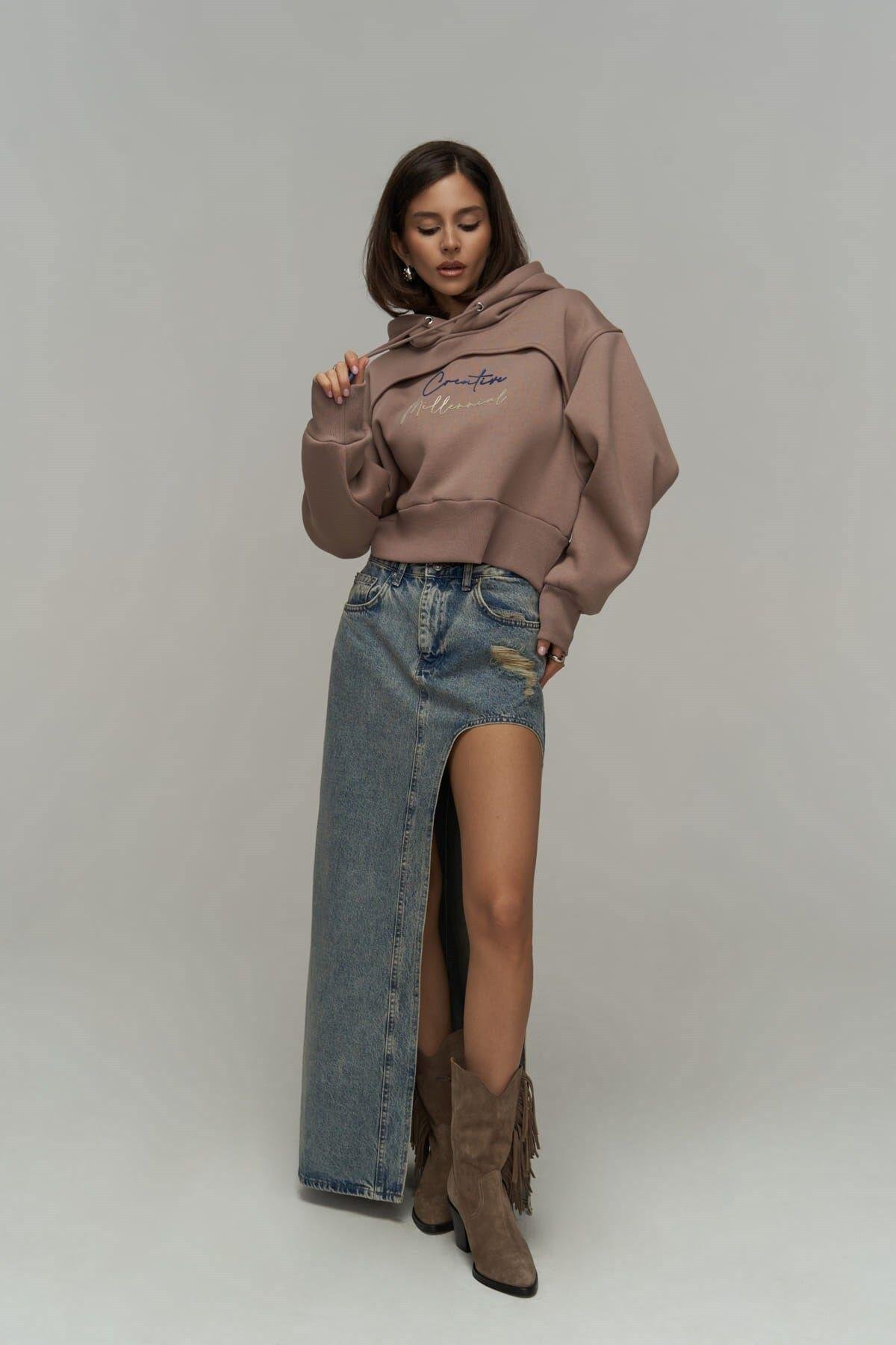 Mai Collection Creative Taupe Gray Crop Sweatshirt