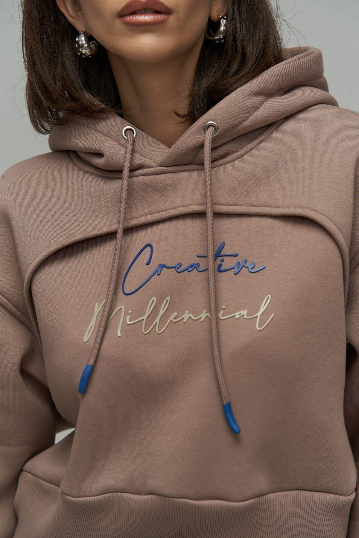 Mai Collection Creative Taupe Gray Crop Sweatshirt