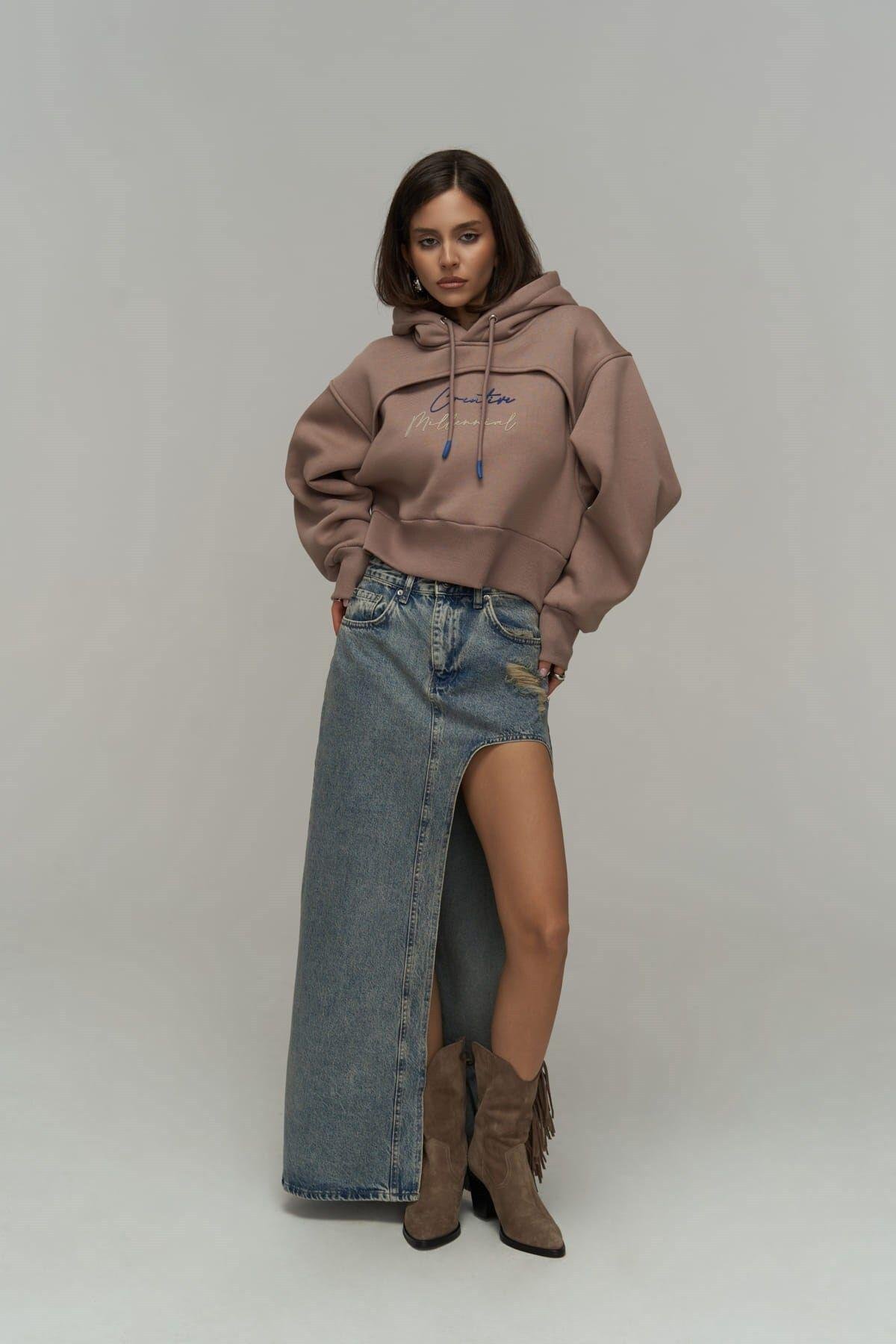 Mai Collection Creative Taupe Gray Crop Sweatshirt