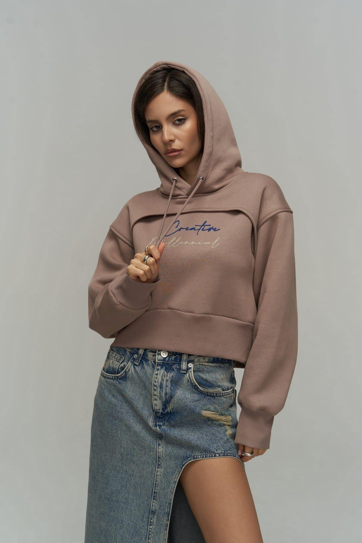 Mai Collection Creative Taupe Gray Crop Sweatshirt