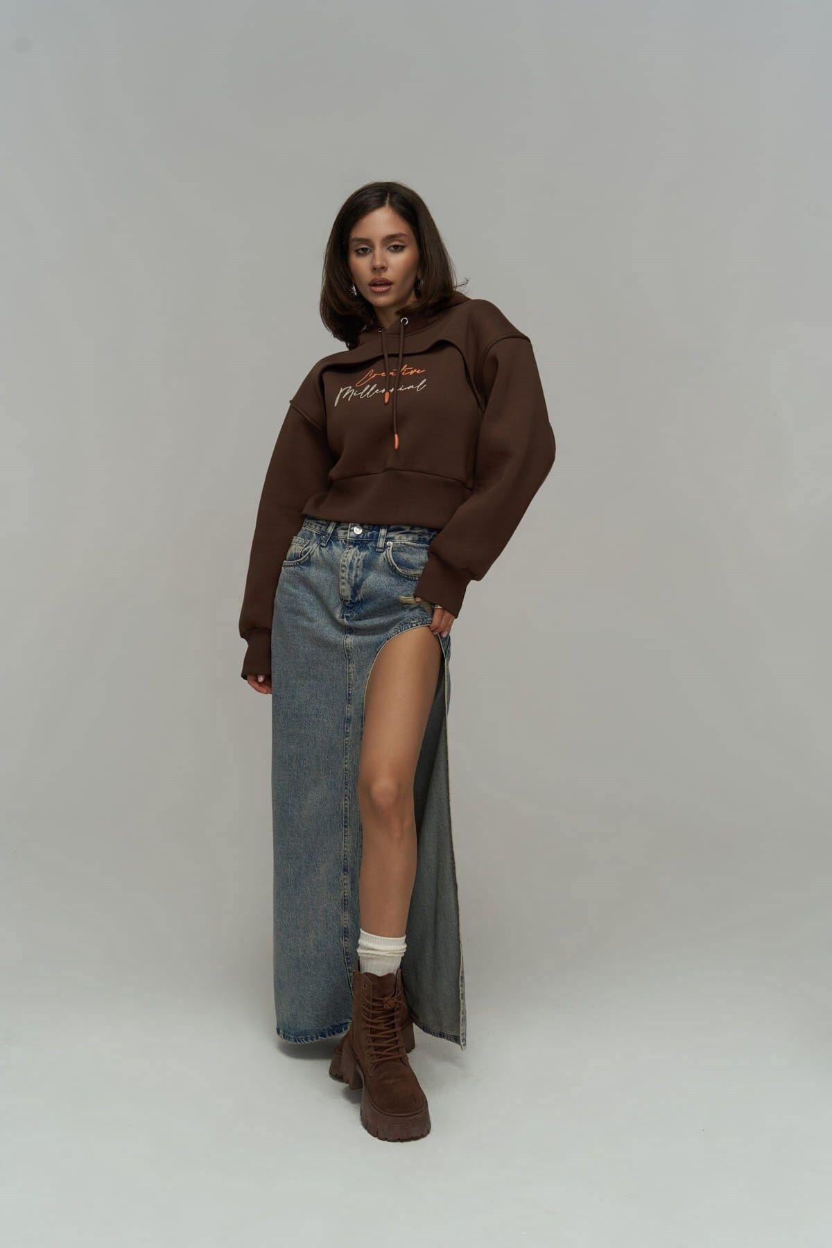 Mai Collection Creative Brown Crop Sweatshirt