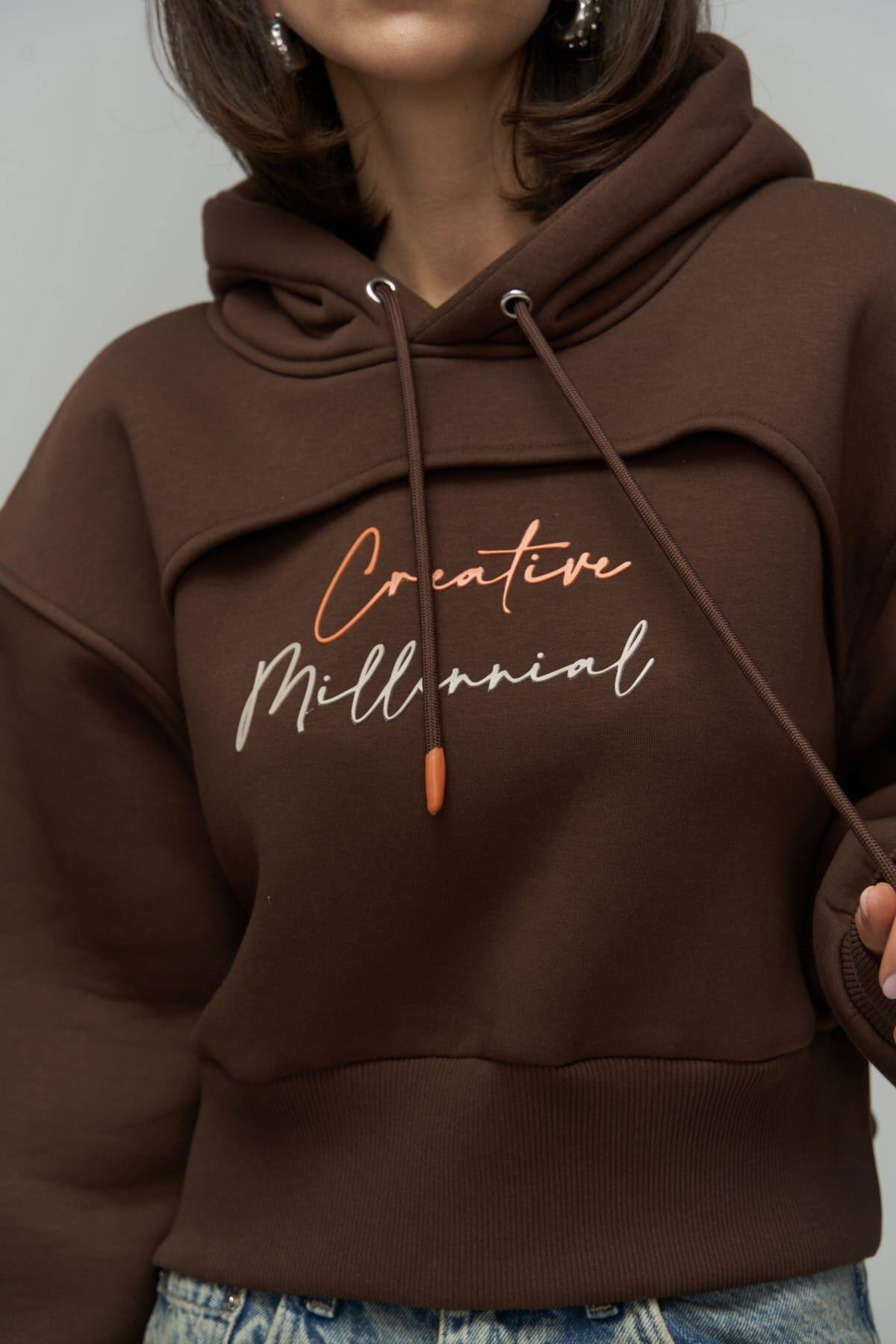 Mai Collection Creative Brown Crop Sweatshirt