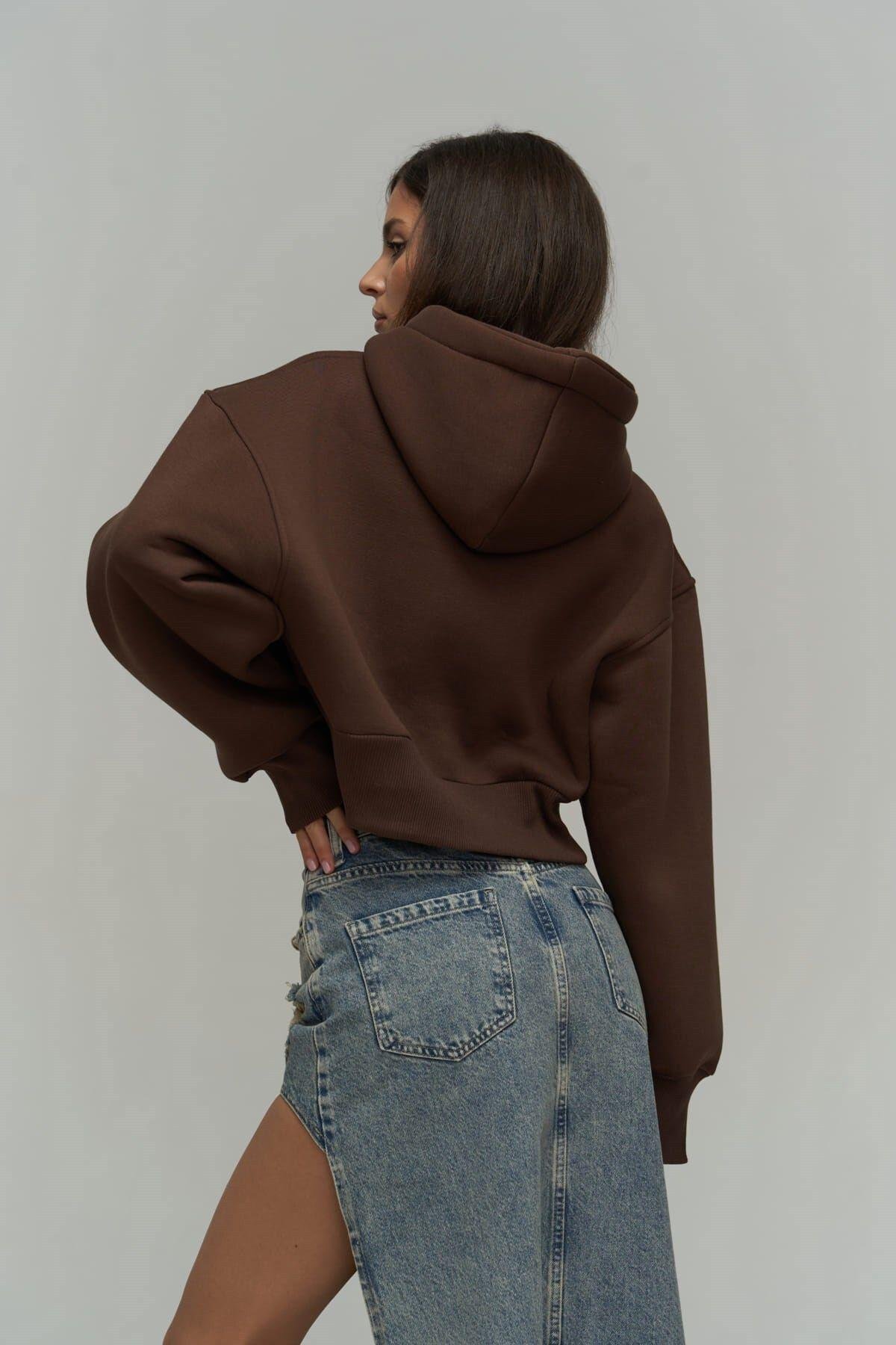 Mai Collection Creative Brown Crop Sweatshirt