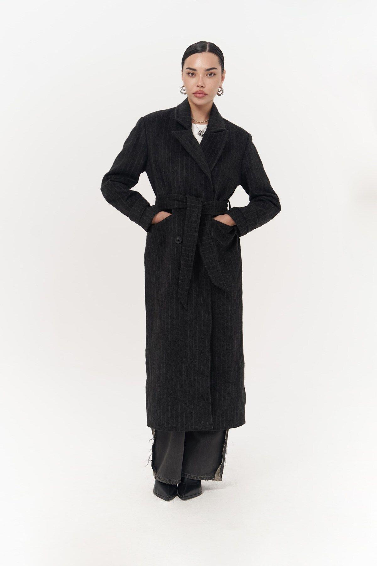 Darrel Belted Striped Anthracite Long Coat