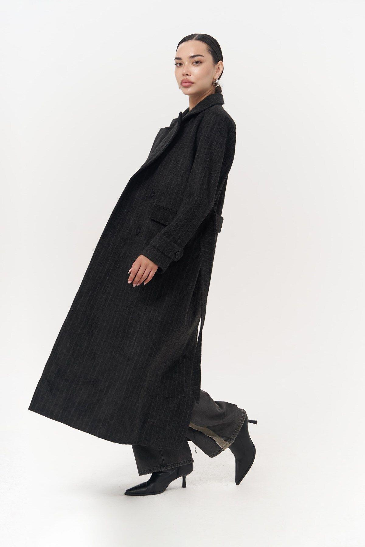 Darrel Belted Striped Anthracite Long Coat