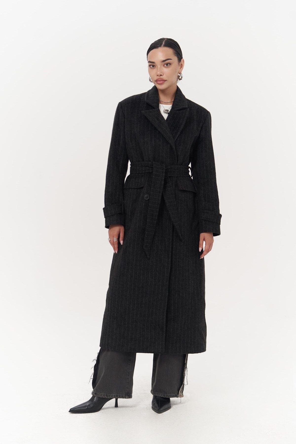 Darrel Belted Striped Anthracite Long Coat