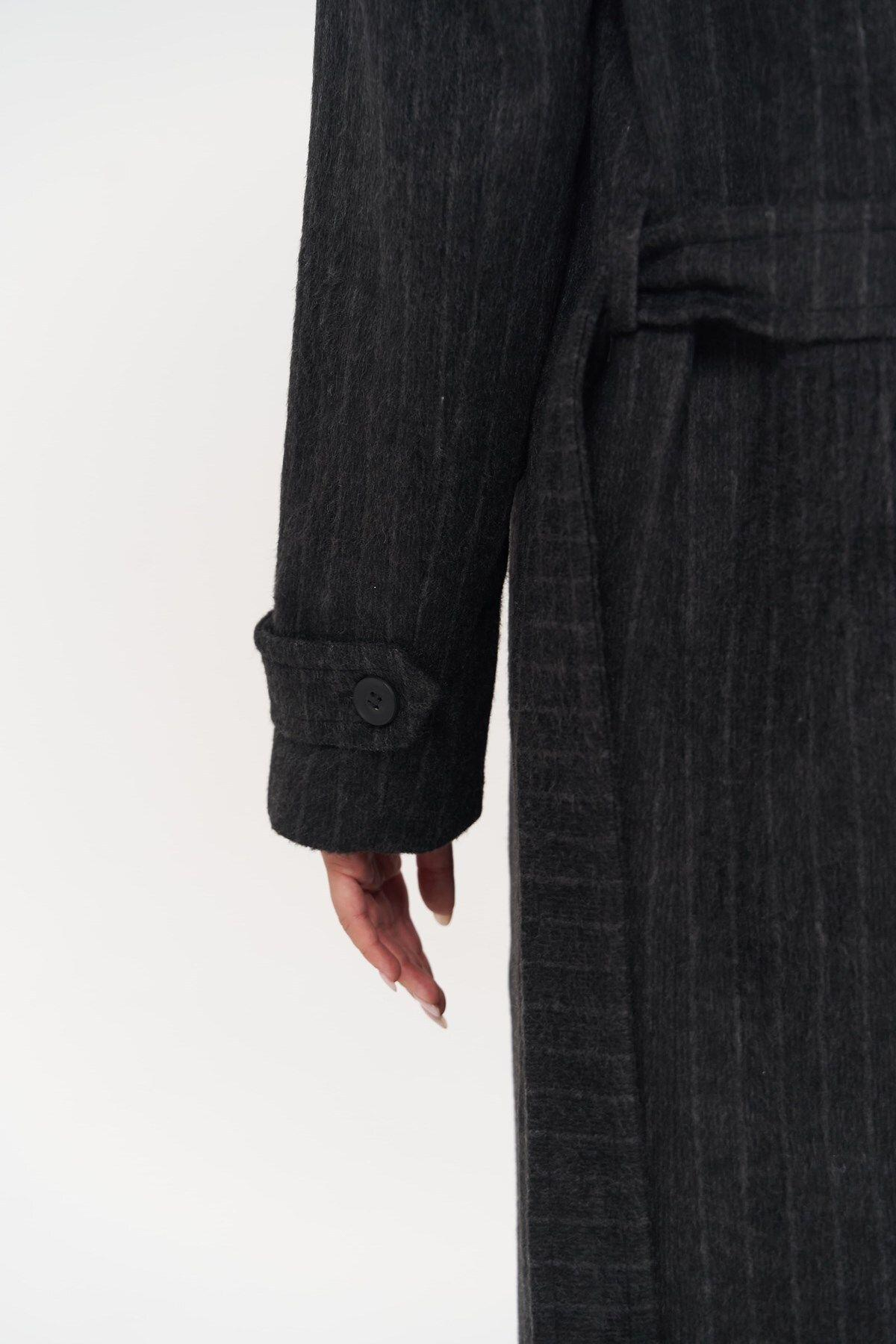 Darrel Belted Striped Anthracite Long Coat