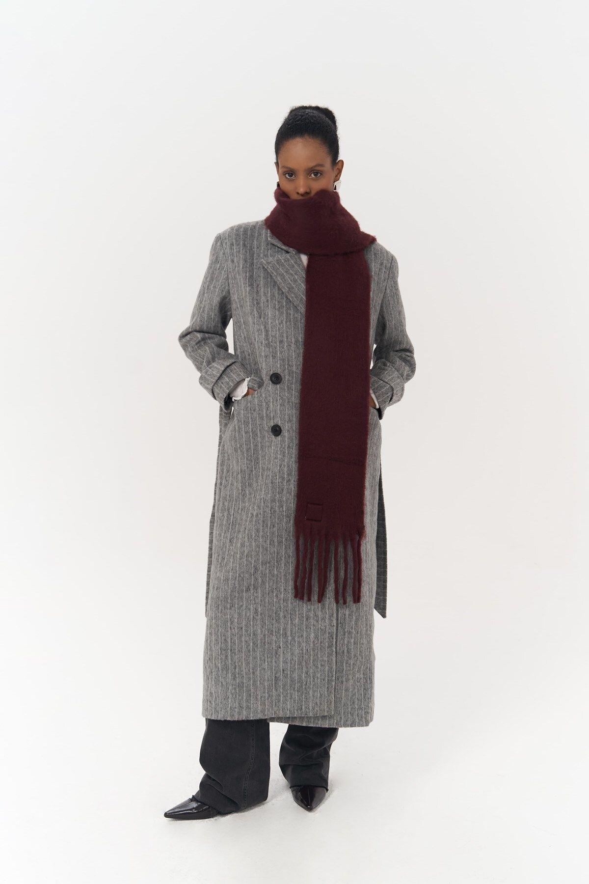 Darrel Belted Striped Smoke Gray Long Coat