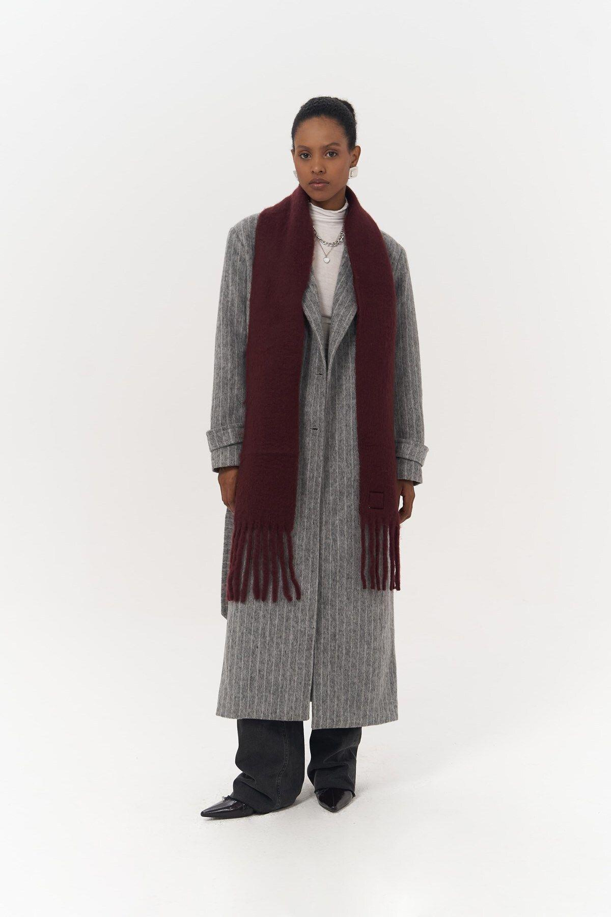 Darrel Belted Striped Smoke Gray Long Coat