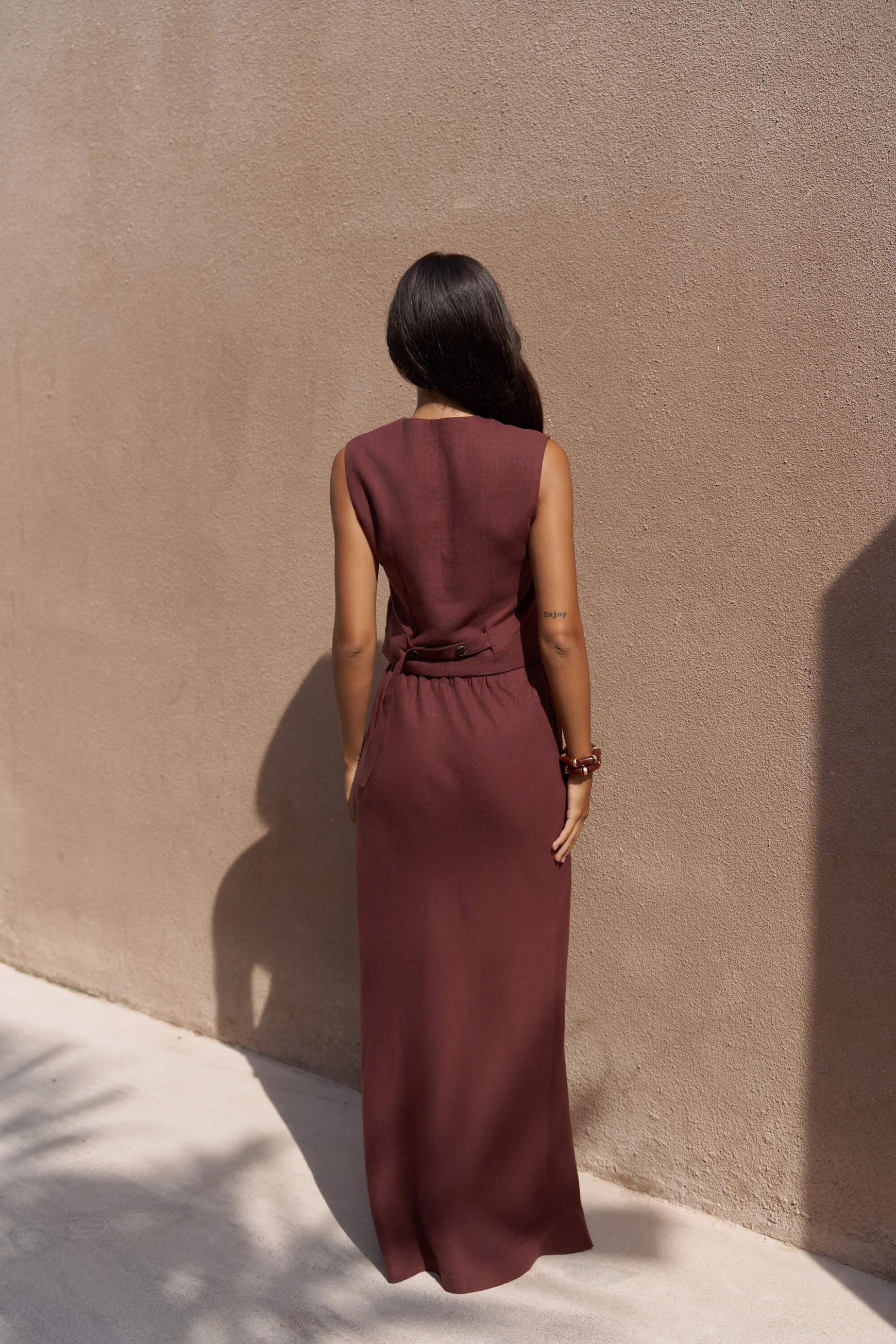 Dolly Bağcıklı Bordo Keten Etek