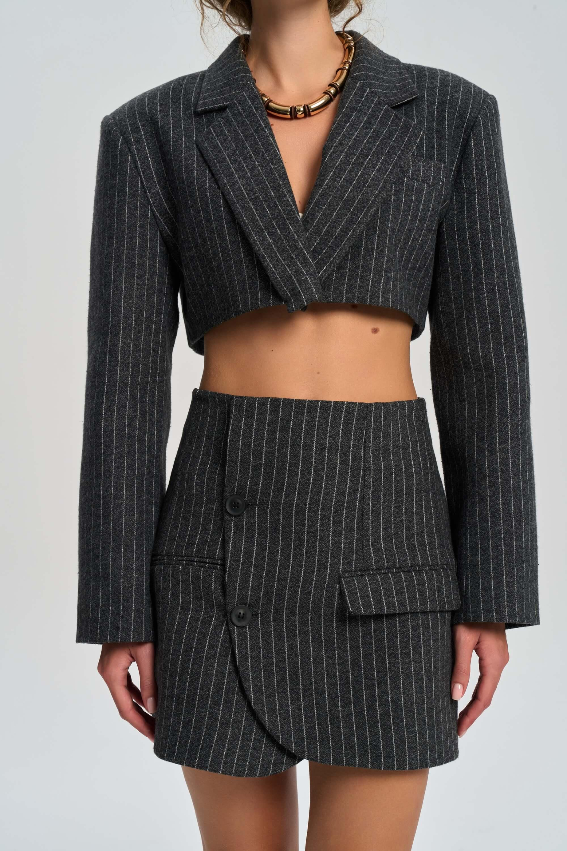 Elegant Charcoal Jacket-Skirt Set