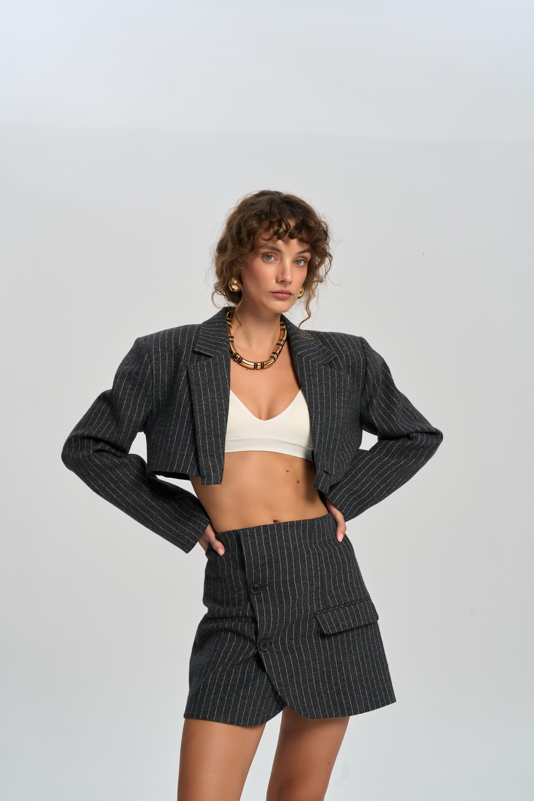 Elegant Charcoal Jacket-Skirt Set