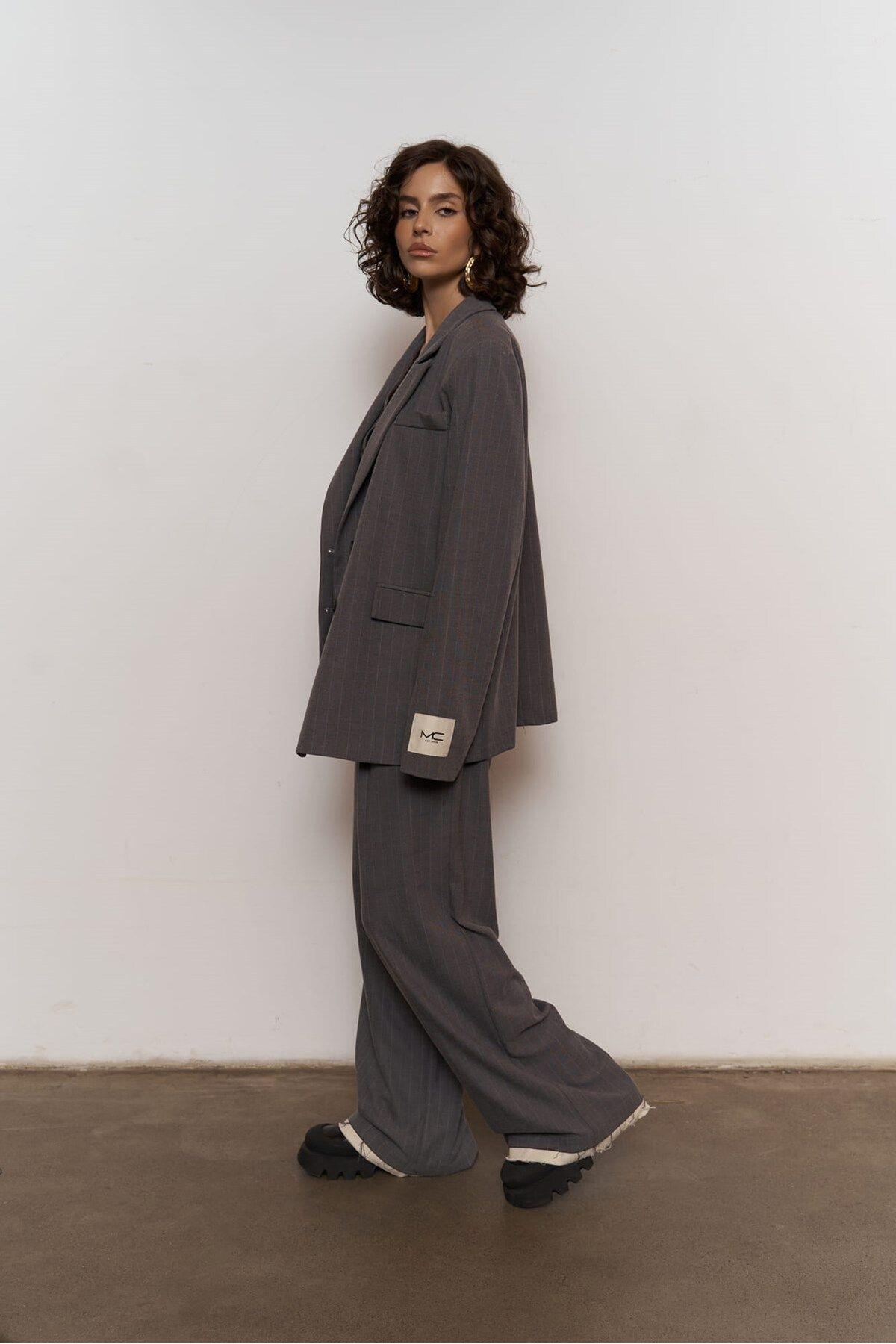 Mai Collection Gardena Dark Gray Striped 3 Piece Suit