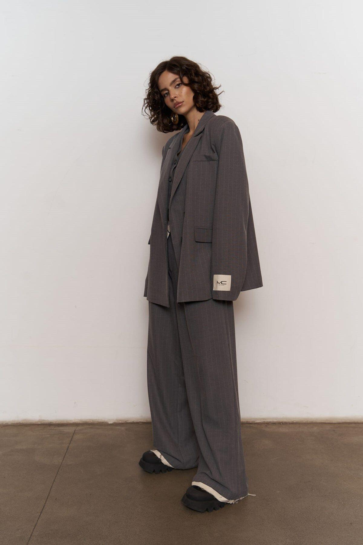 Mai Collection Gardena Dark Gray Striped 3 Piece Suit