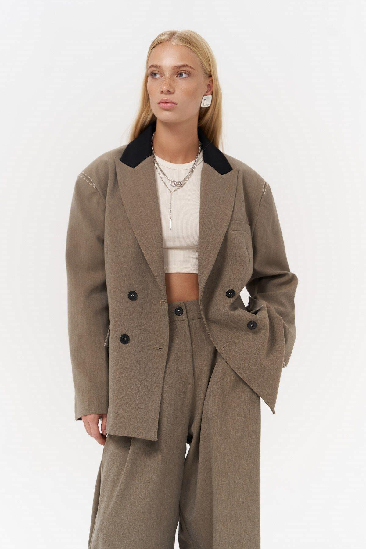 Iva Khaki Blazer with Embroidery Detail