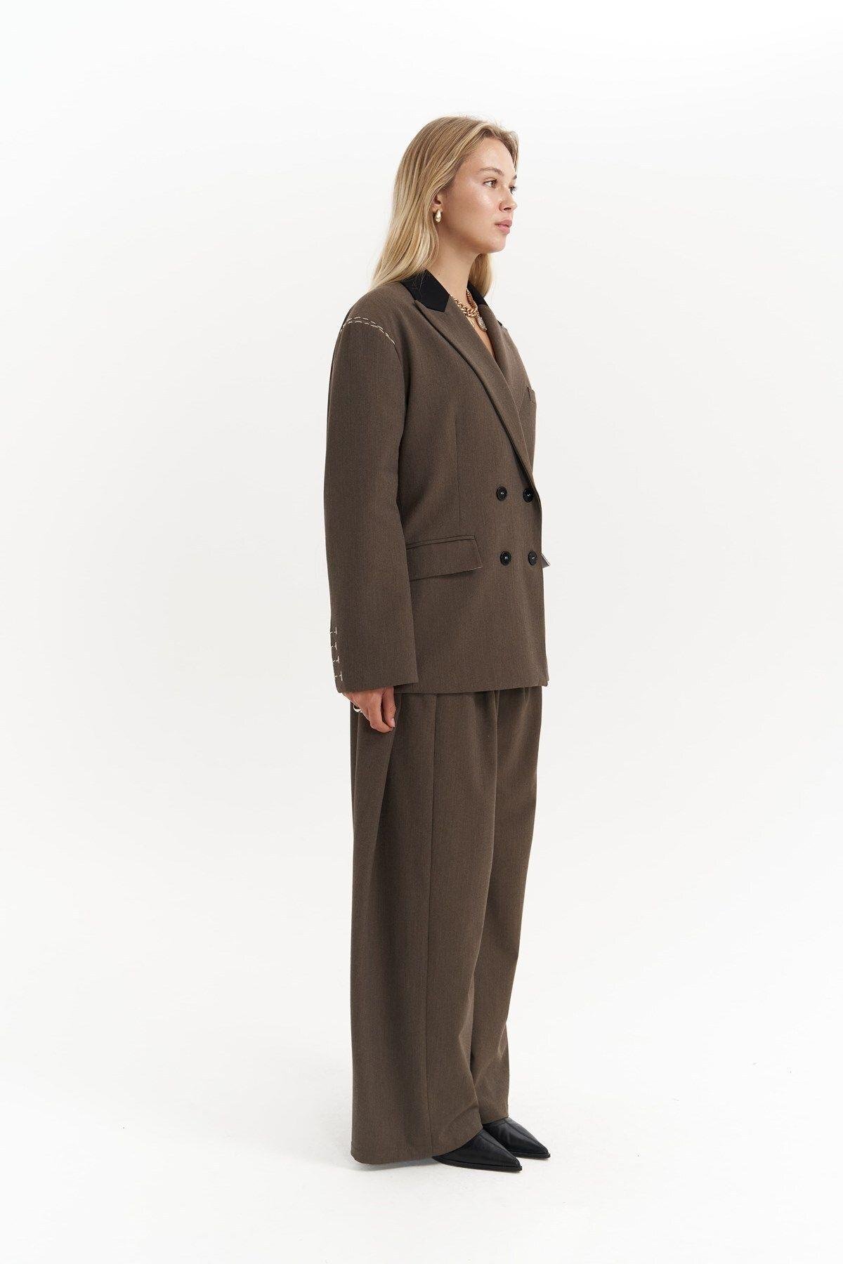 Iva Brown Blazer with Embroidery Detail