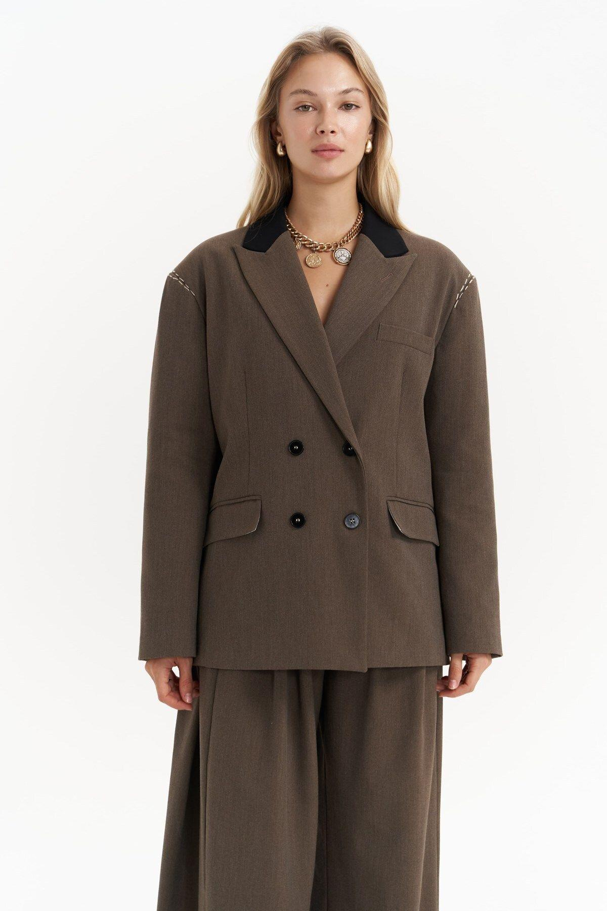 Iva Brown Blazer with Embroidery Detail