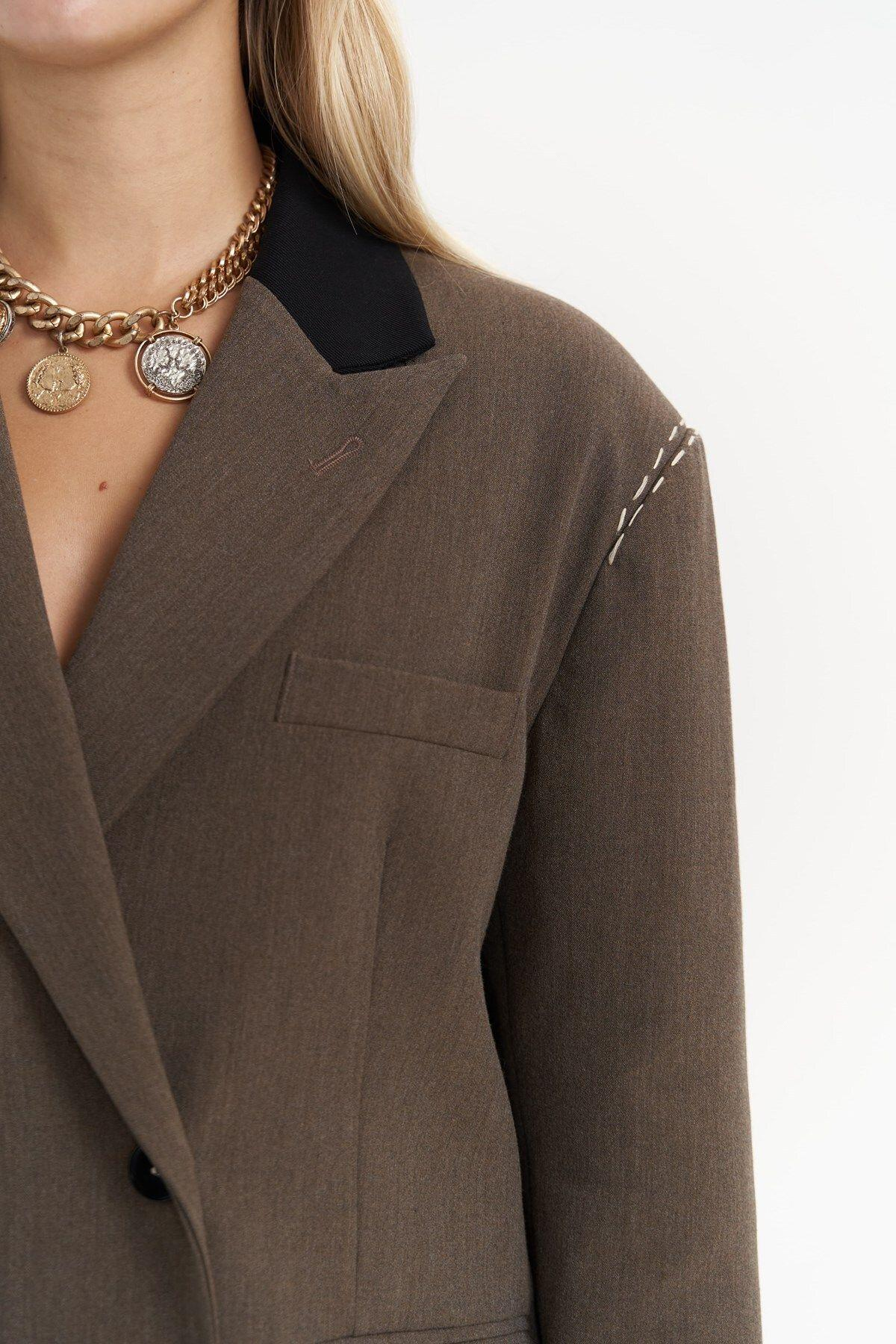 Iva Brown Blazer with Embroidery Detail