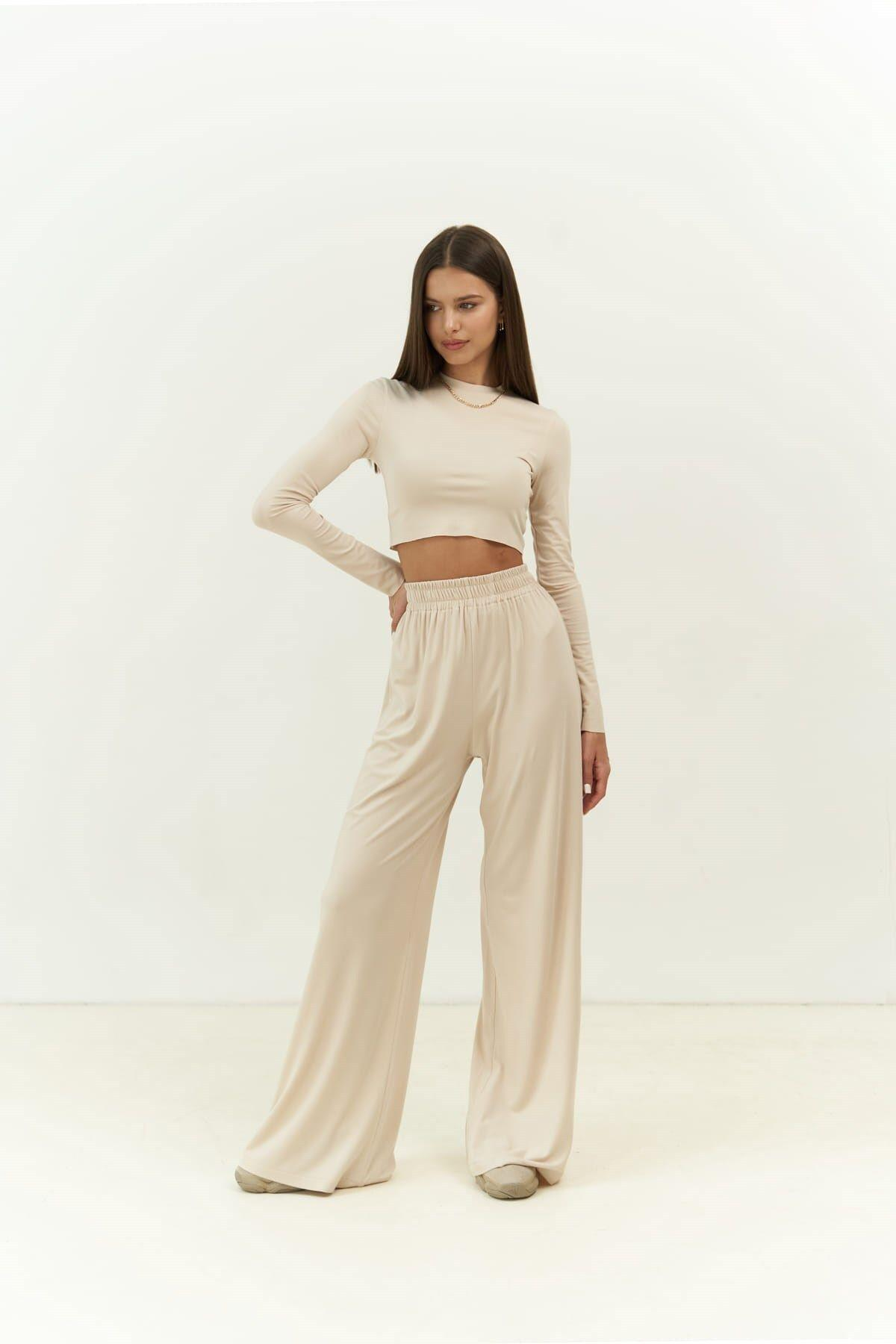 Jany Uzun Kollu Bej Crop Pantolon Takım