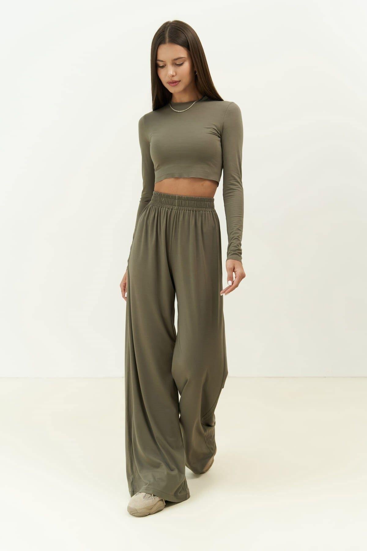 Jany Uzun Kollu Haki Crop Pantolon Takım