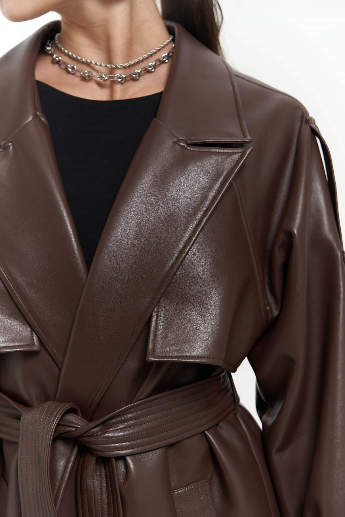 Mai Layton Dark Brown Leather Trench Coat