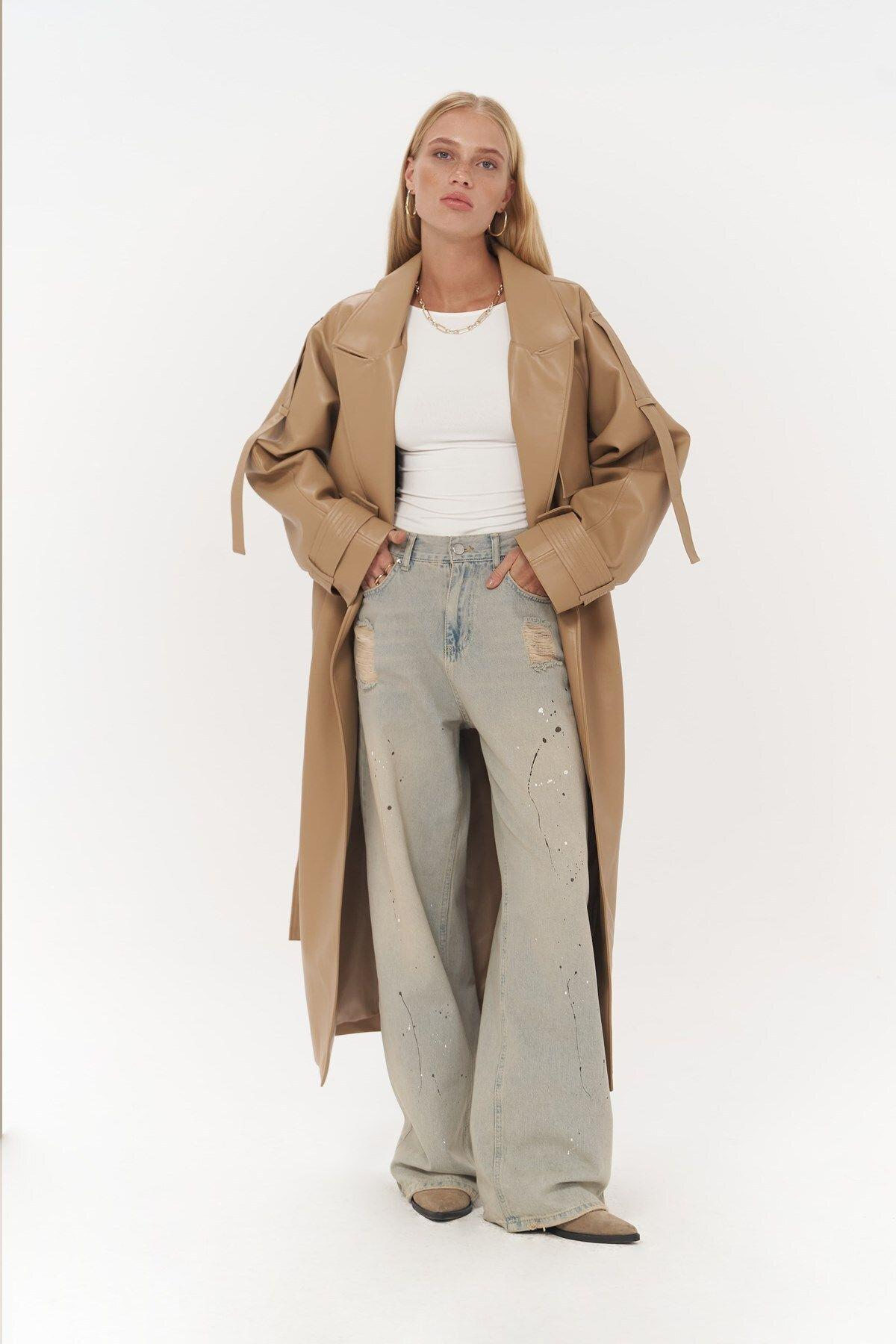 Mai Layton Dark Beige Leather Trench Coat