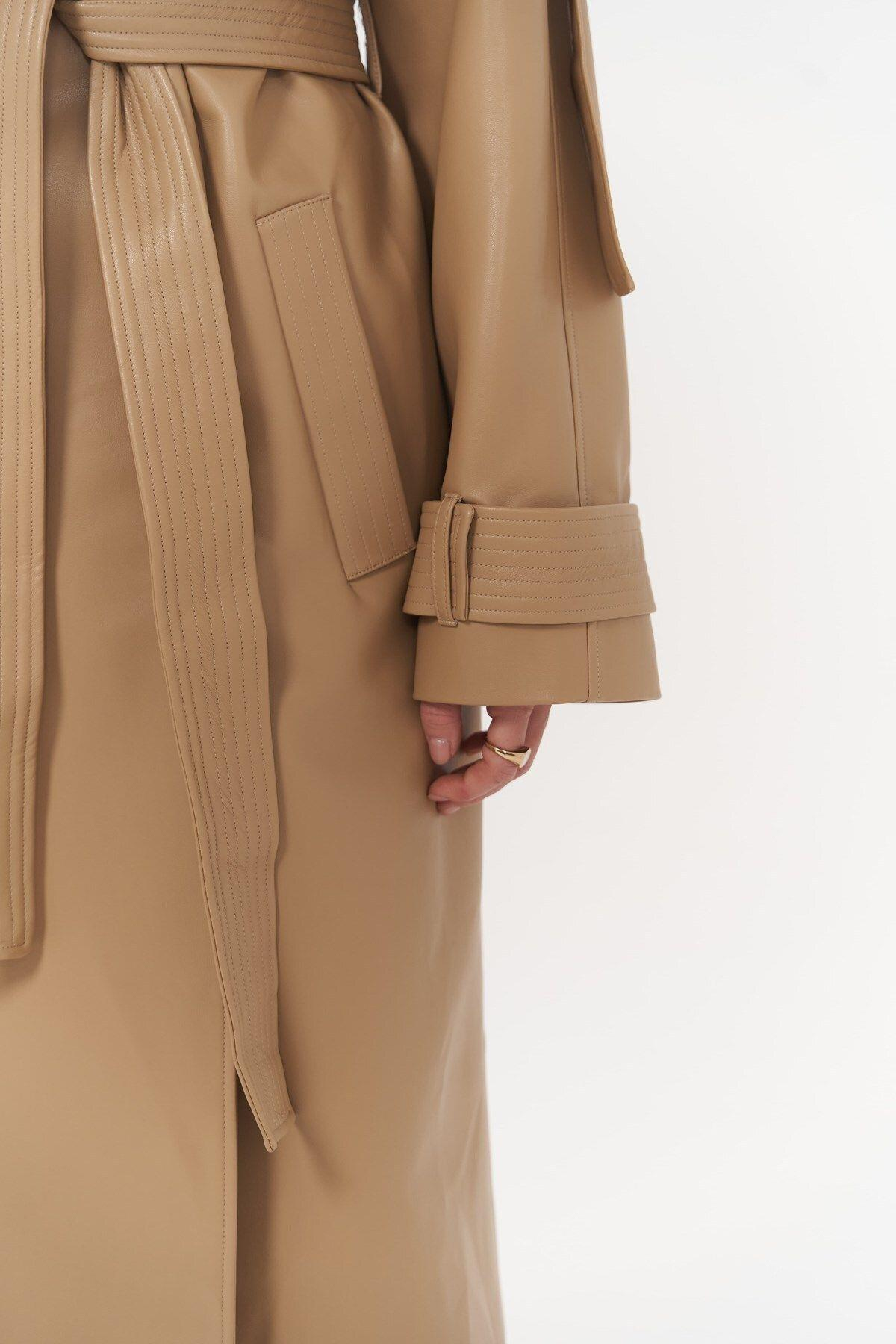 Mai Layton Dark Beige Leather Trench Coat