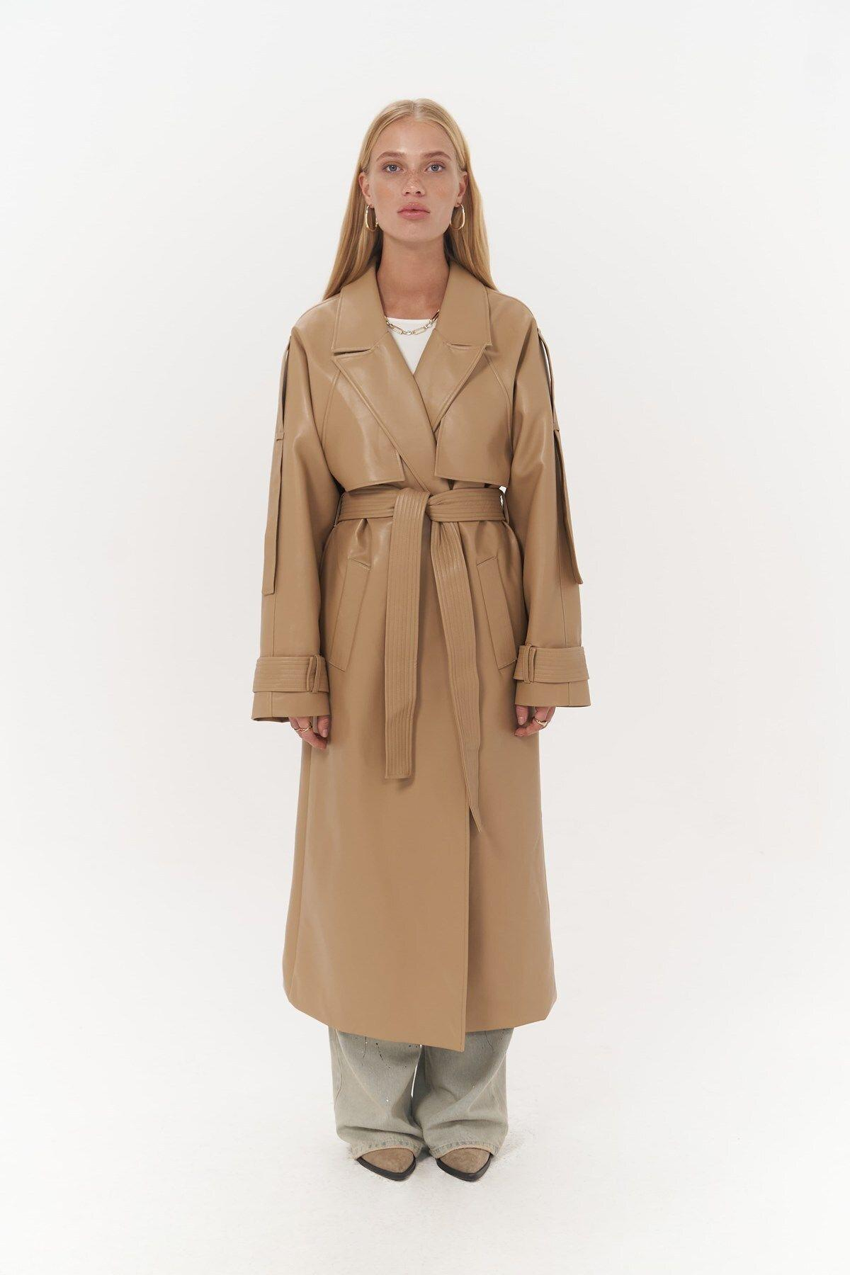 Mai Layton Dark Beige Leather Trench Coat