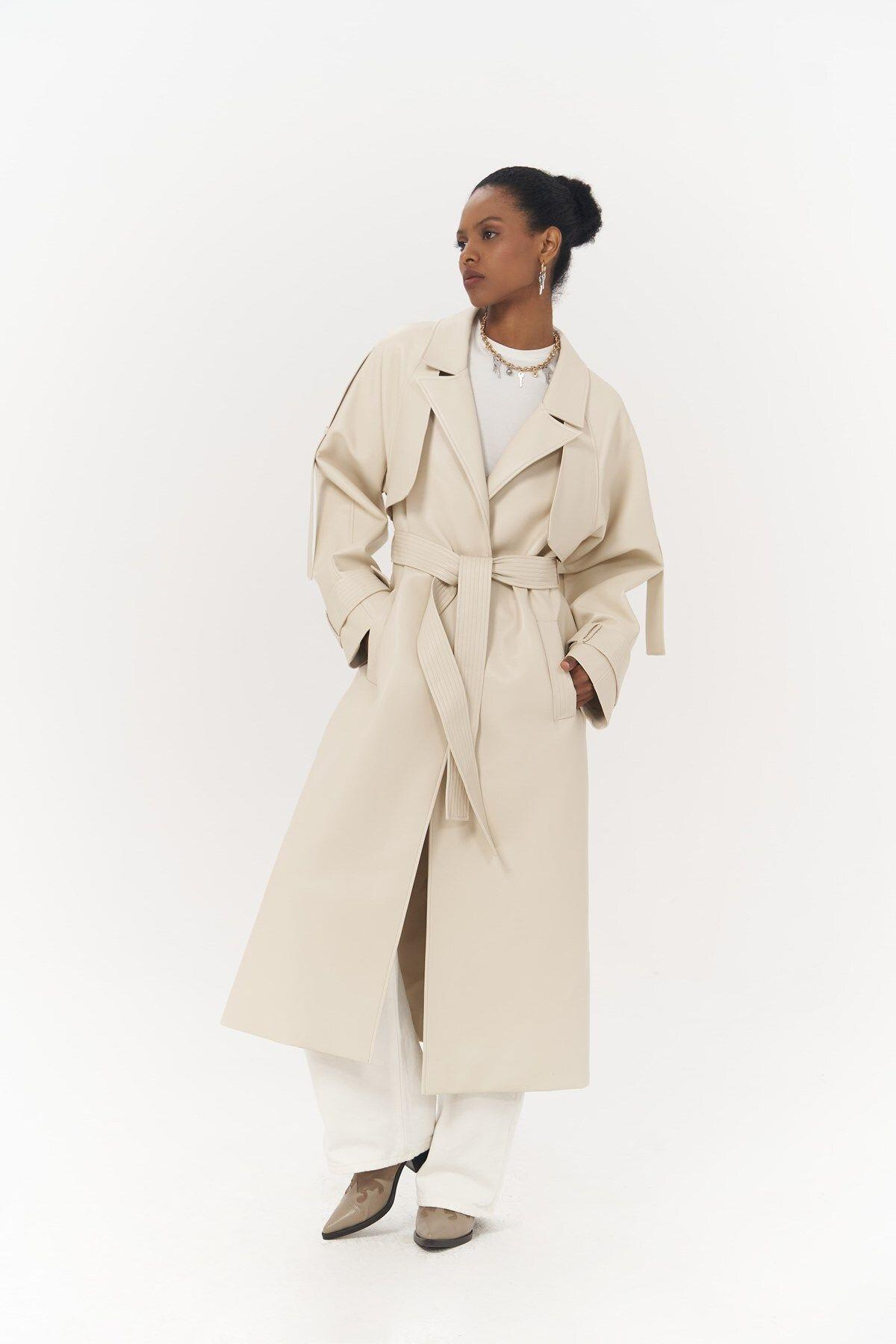 Mai Layton Light Beige Leather Trench Coat