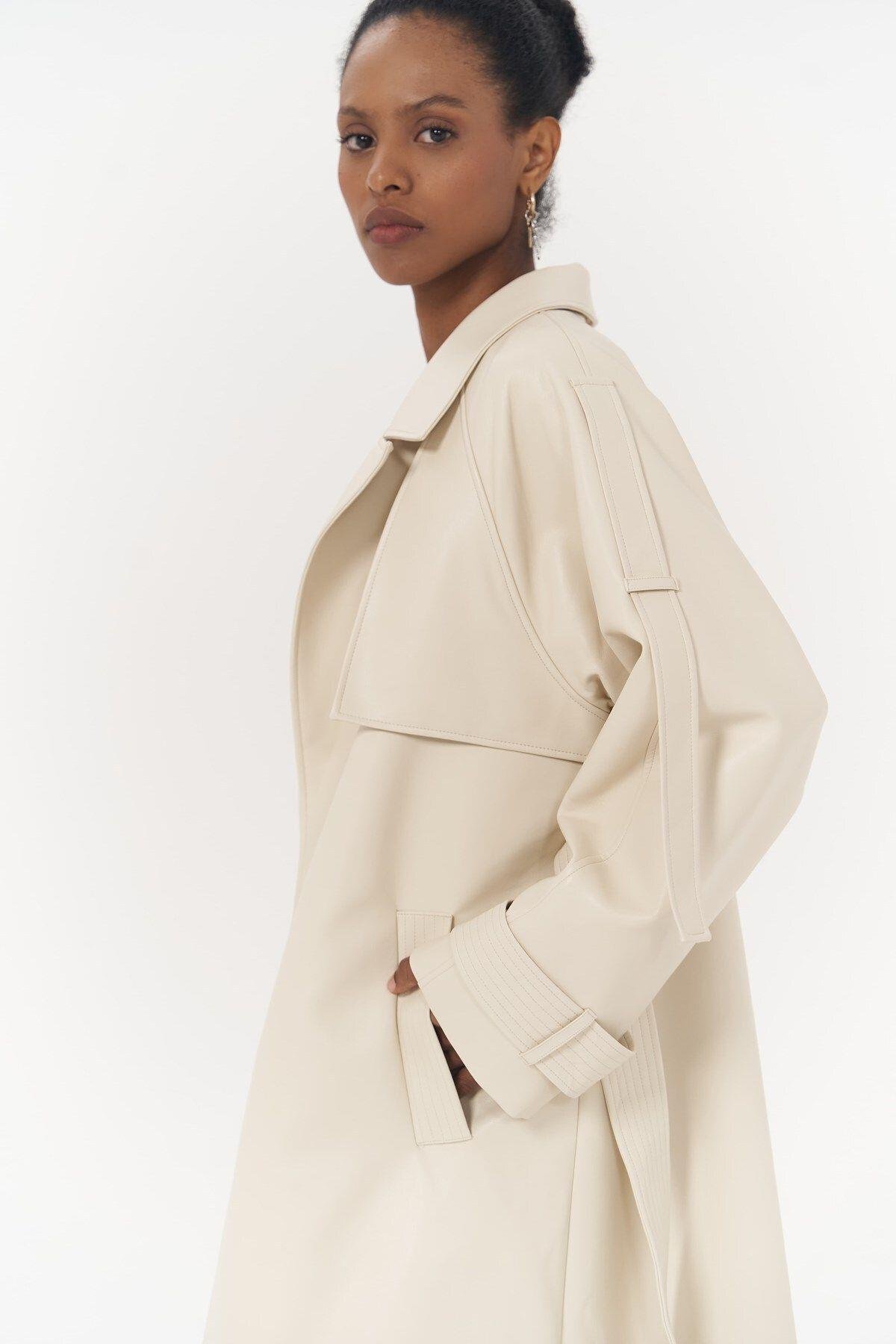 Mai Layton Light Beige Leather Trench Coat