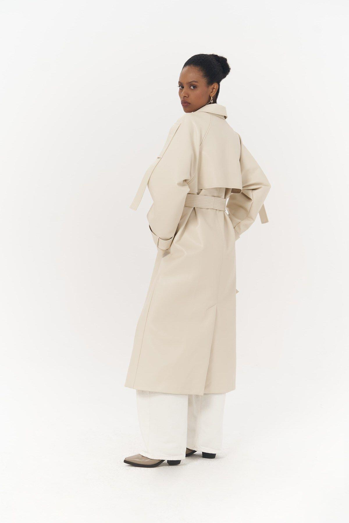 Mai Layton Light Beige Leather Trench Coat