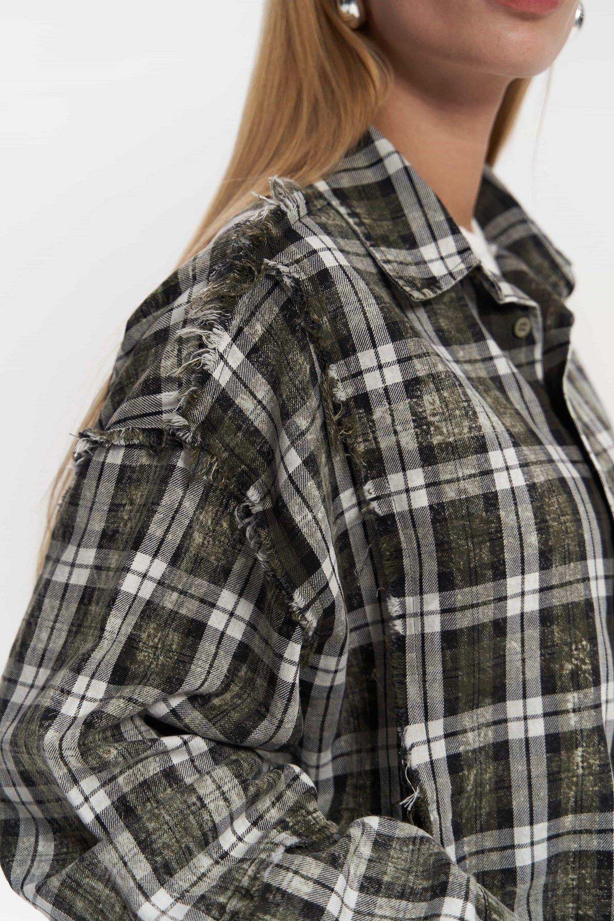 Loma Yıkamalı Oversize Unisex Ekose Haki Gömlek