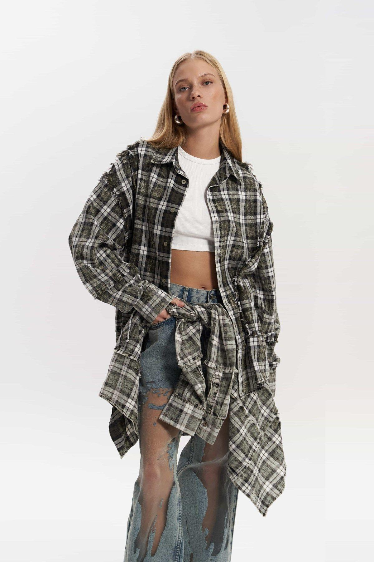 Loma Yıkamalı Oversize Unisex Ekose Haki Gömlek