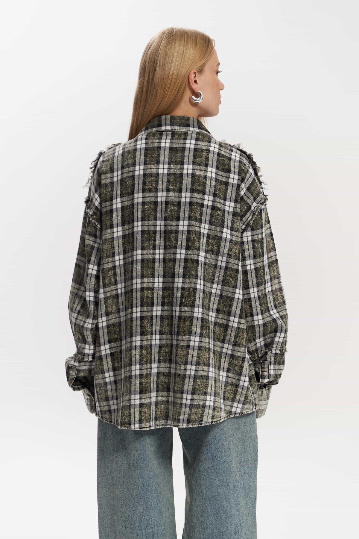 Loma Yıkamalı Oversize Unisex Ekose Haki Gömlek