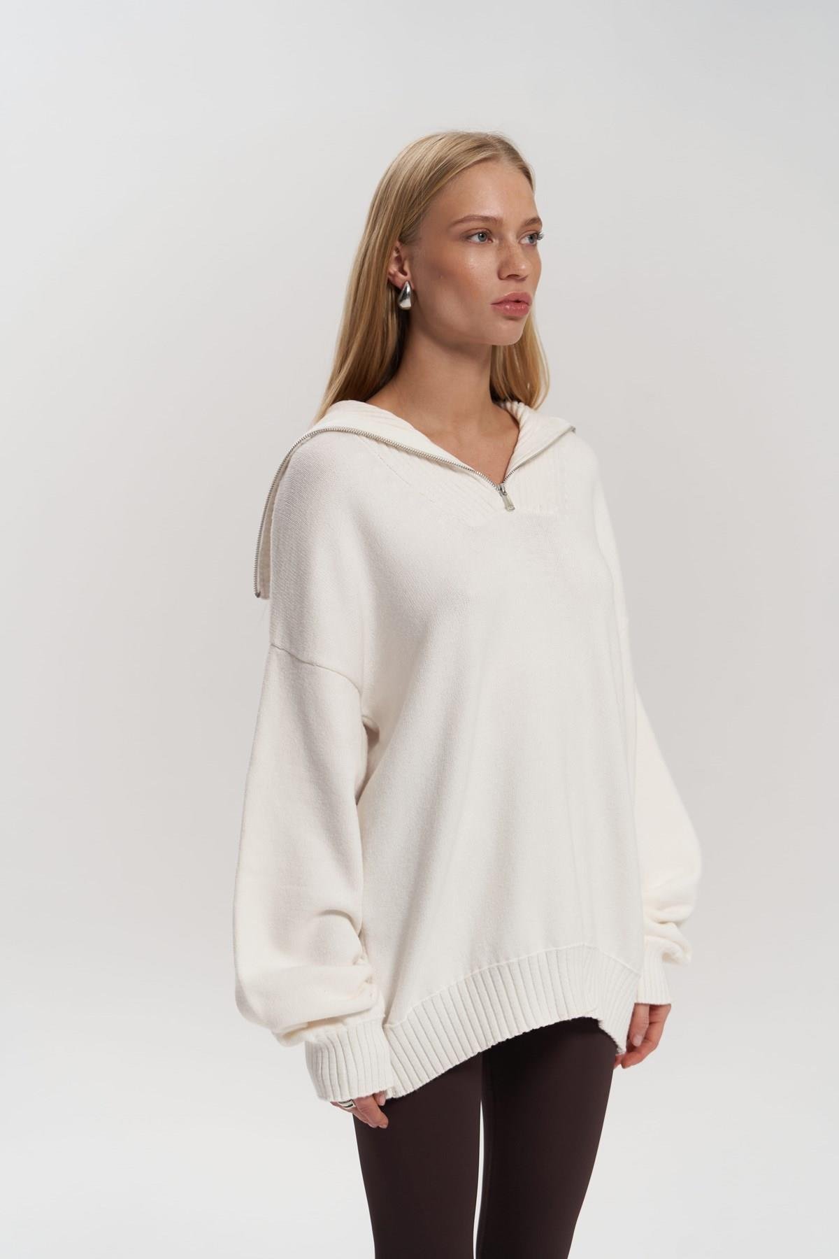 Lorna Fermuarlı Ekru Triko Kazak