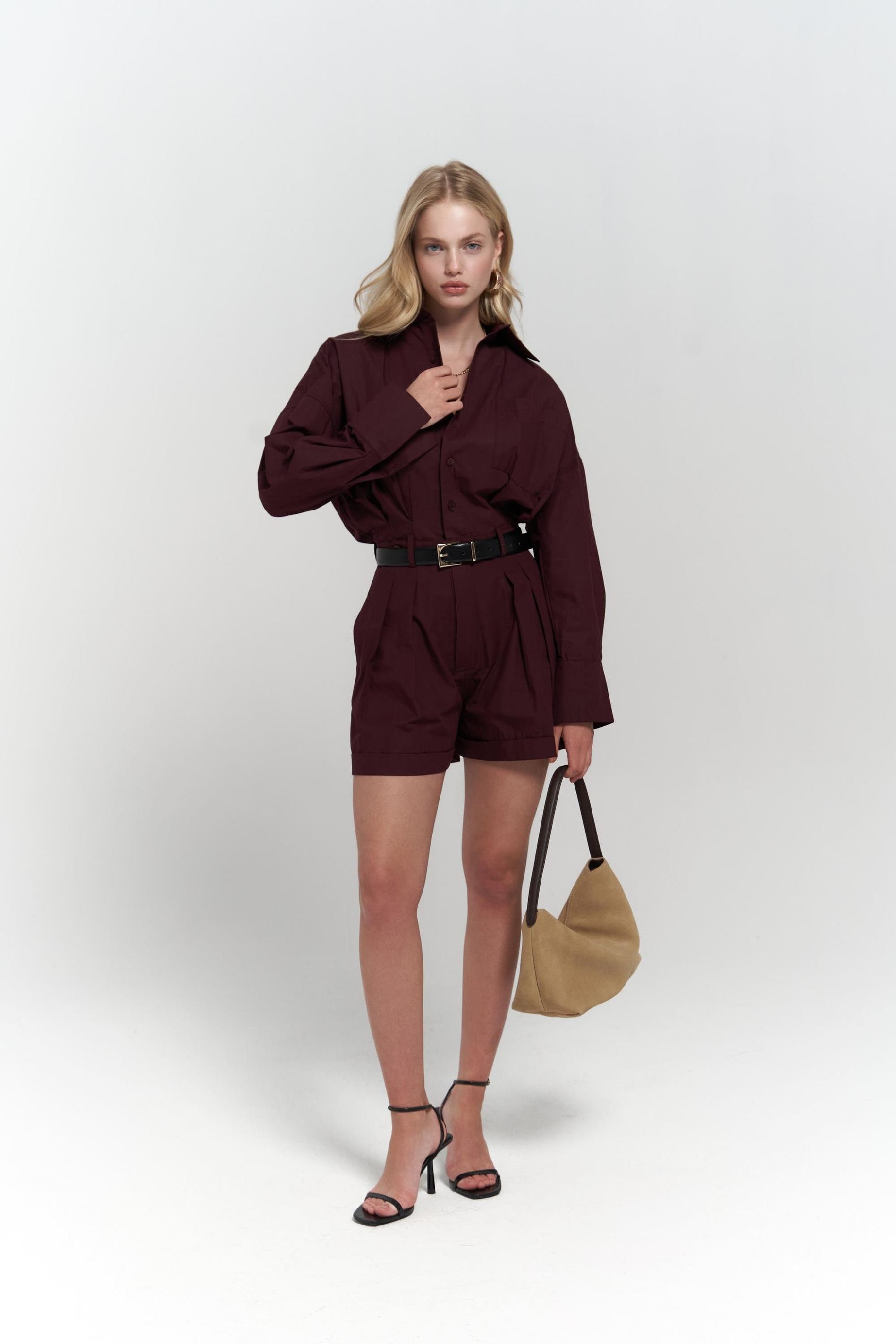 Moaen Kemer Detay Kısa Bordo Tulum