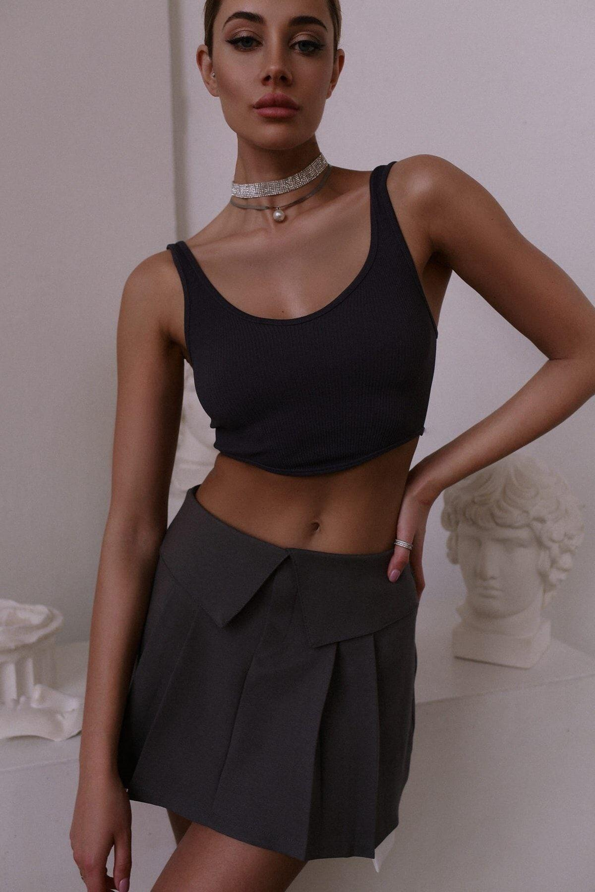 Muse Üçgen Bel Detay Açık Füme Mini Etek