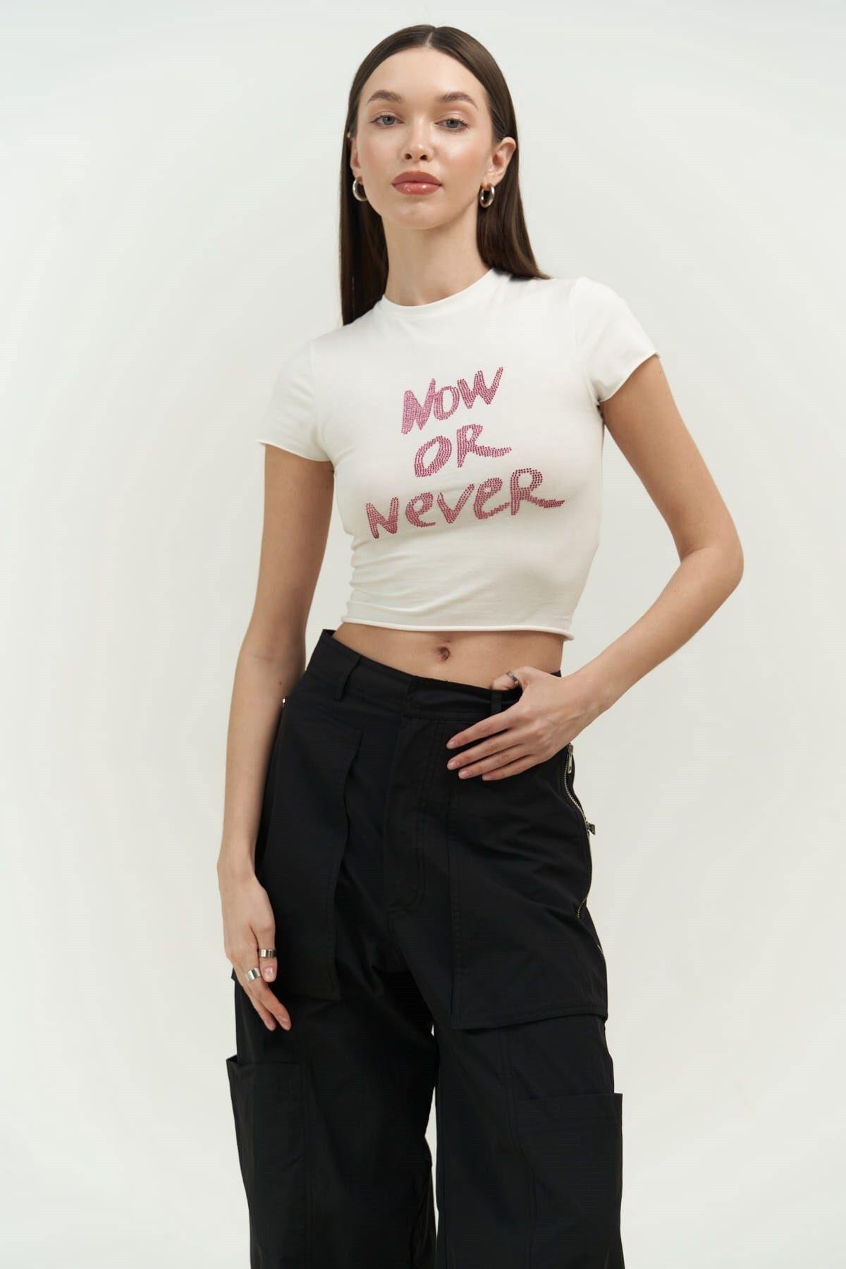 Now Or Never Beyaz Penye Crop