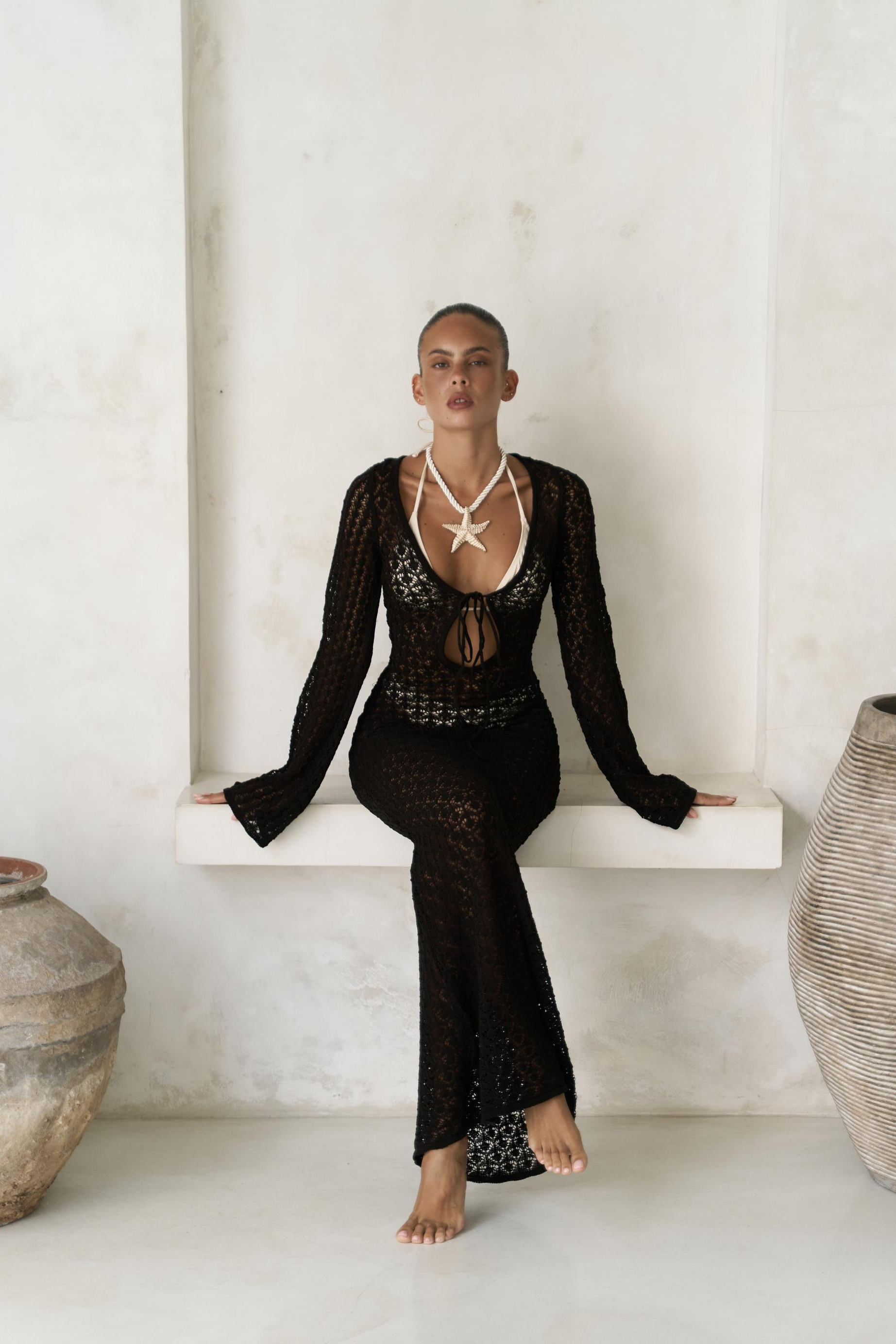 Nugruho Bağlama Detay Kahve Triko Uzun Elbise