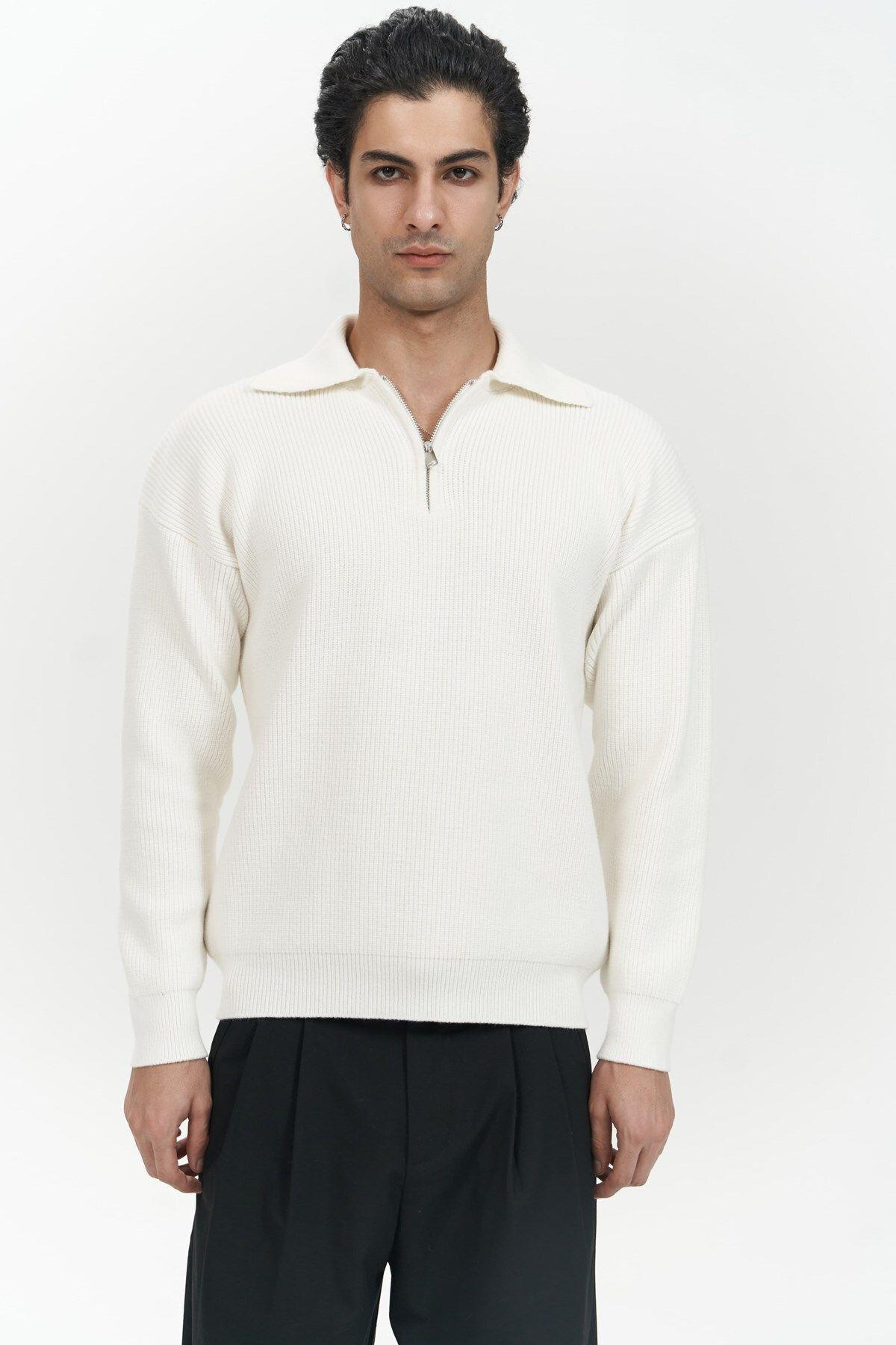 Oberon Men's Polo Collar Half-Zip Ecru Knit Sweater