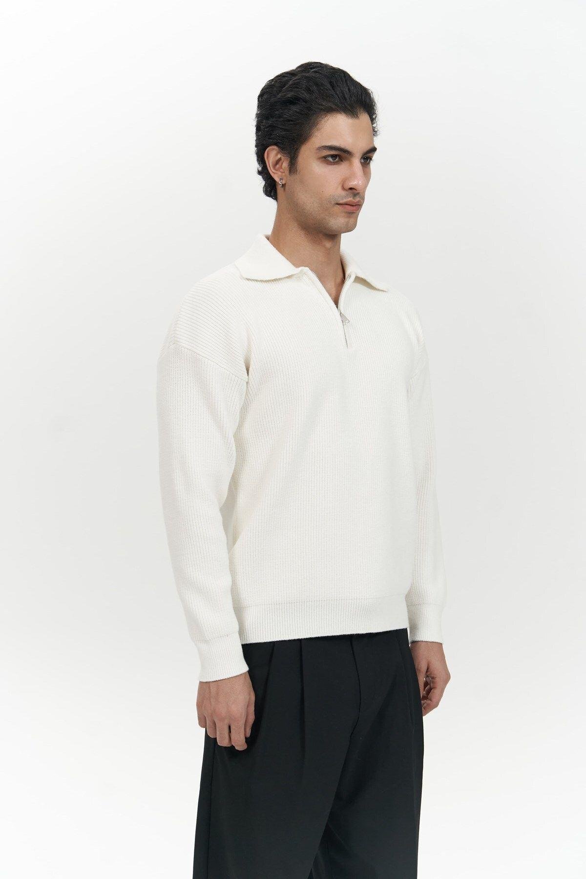 Oberon Men's Polo Collar Half-Zip Ecru Knit Sweater