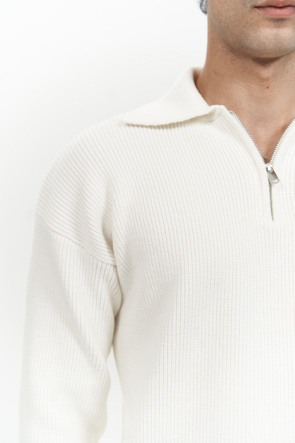 Oberon Men's Polo Collar Half-Zip Ecru Knit Sweater